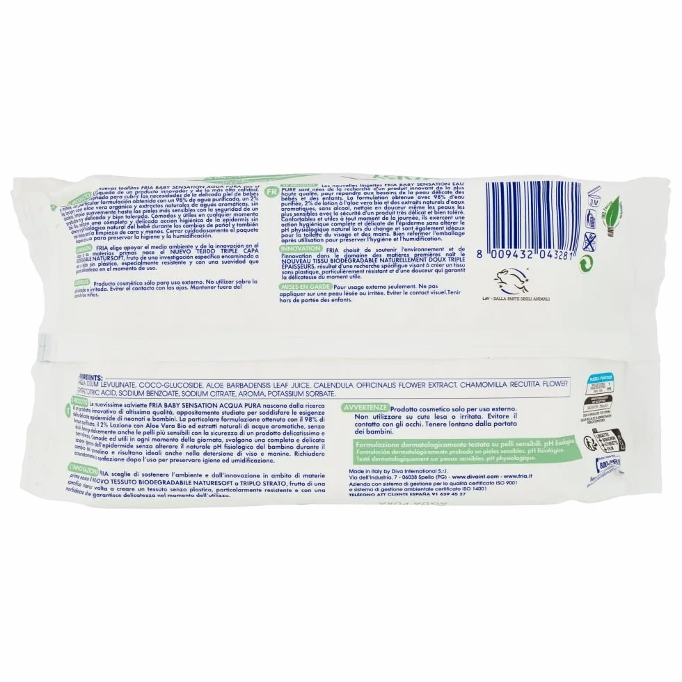Fria Baby Sensation czysta woda Chusteczki do zmiany pieluch, formuła z 98% oczyszczoną wodą o działaniu oczyszczającym skórę, testowane dermatologicznie, 70 chusteczek