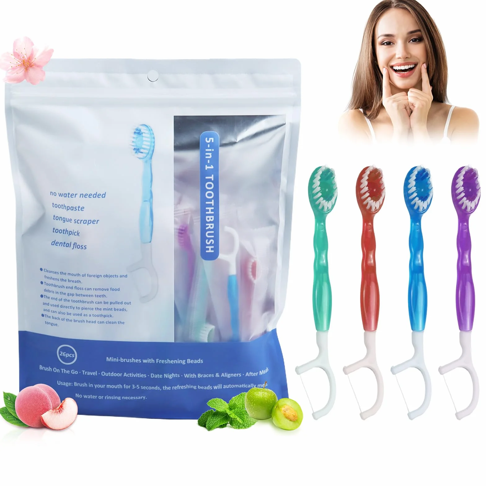 Mini szczoteczka do zębów 26 sztuk jednorazowe 5 w 1 z pastą nić dentystyczna skrobak do języka