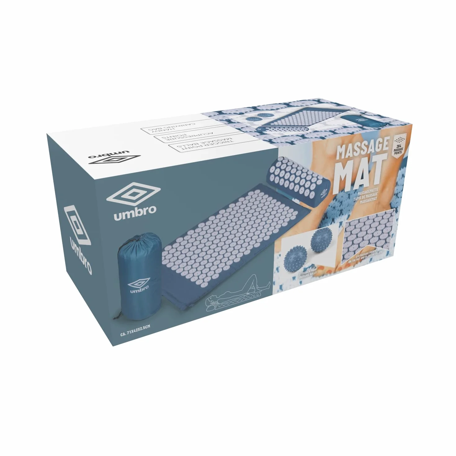 Umbro Mata do akupresury z poduszką, łagodząca ból pleców, mata do akupunktury, łóżko paznokcia, akupresura, łagodząca ból, 42 x 71 cm, niebieska