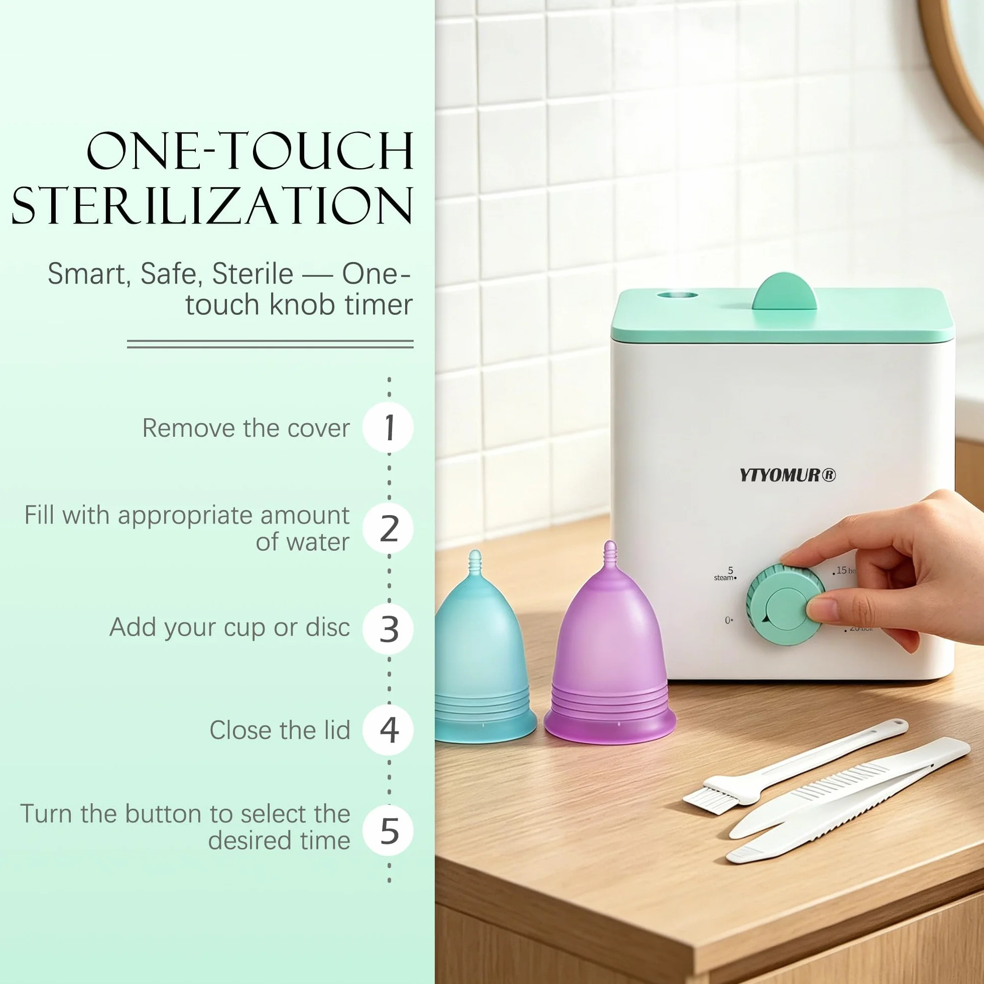 Sterylizator do gotowania na parze z 2 kubkami wielokrotnego użytku, zestaw do czyszczenia kubków menstruacyjnych, automatyczne wyłączanie, sterylizacja parą w wysokiej temperaturze, higiena kobieca