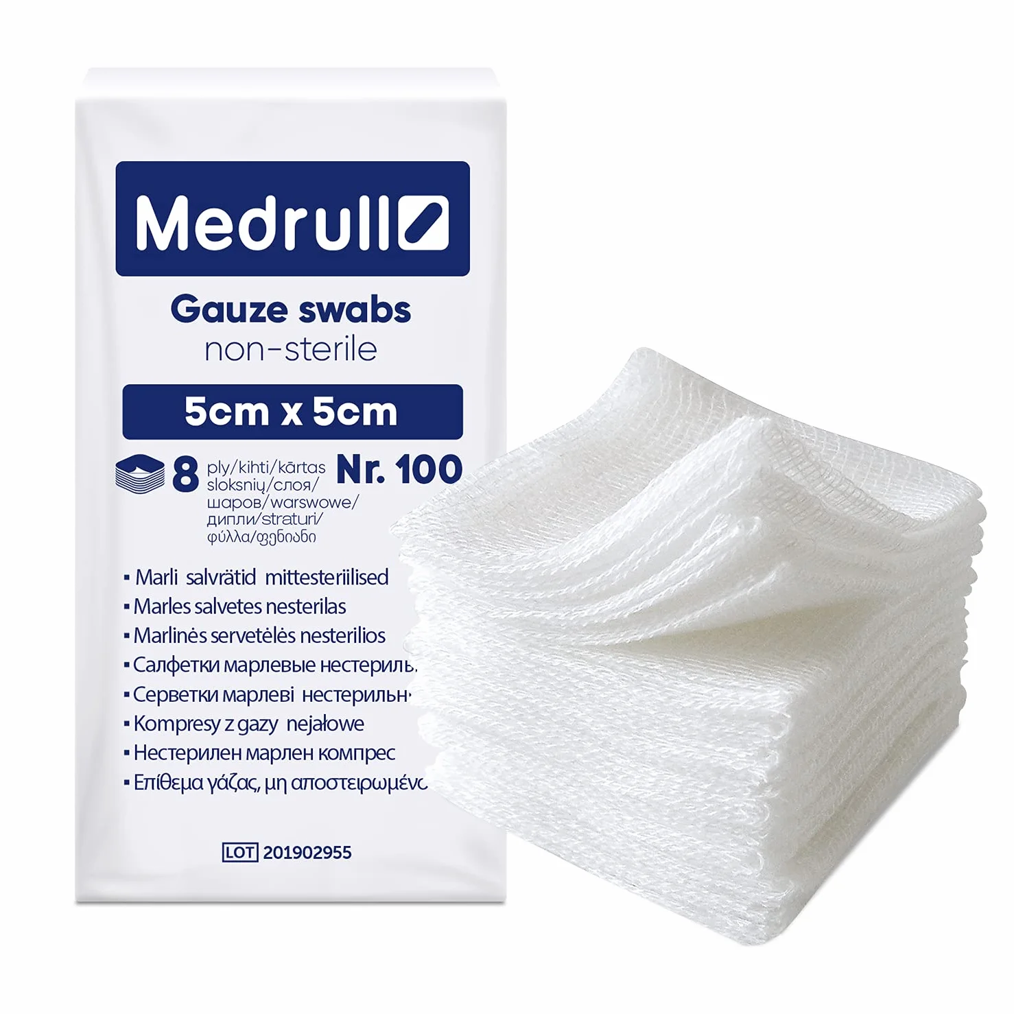 Medrull Nie- sterylne nakładki na rany, 8-warstwowe, kompresy 5 cm x 5 cm, 100% bawełna, bardzo miękka, chłonna gaza, jakość medyczna, opakowanie 100 sztuk