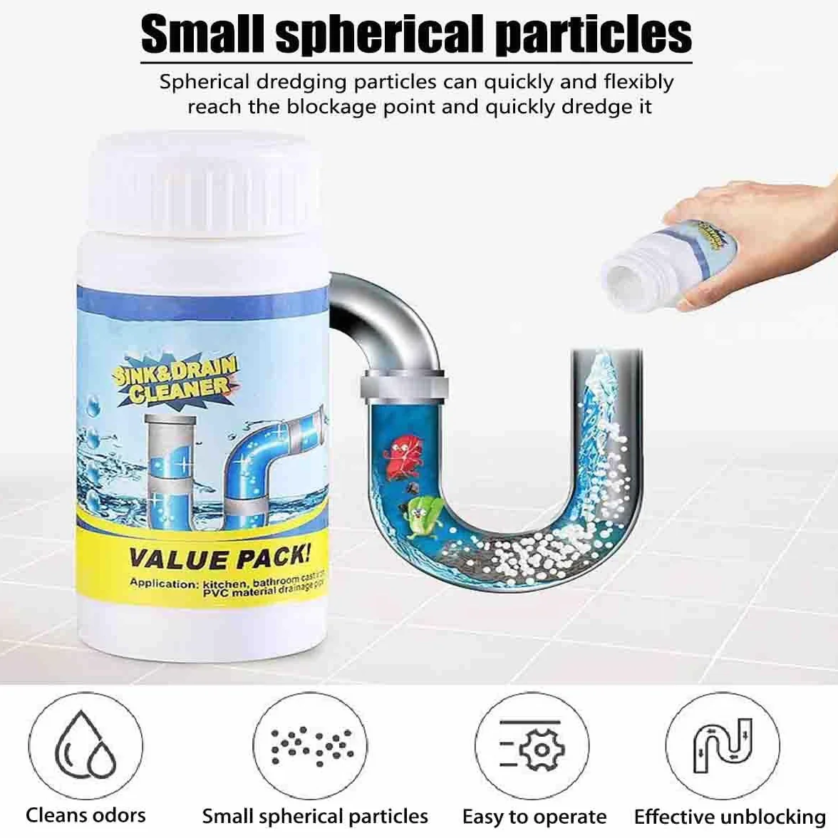 Sink and Drain Cleaner, Powerful Pipe Unclogging Agent for Kitchen, Tubs, Shower Drains (1pcs)