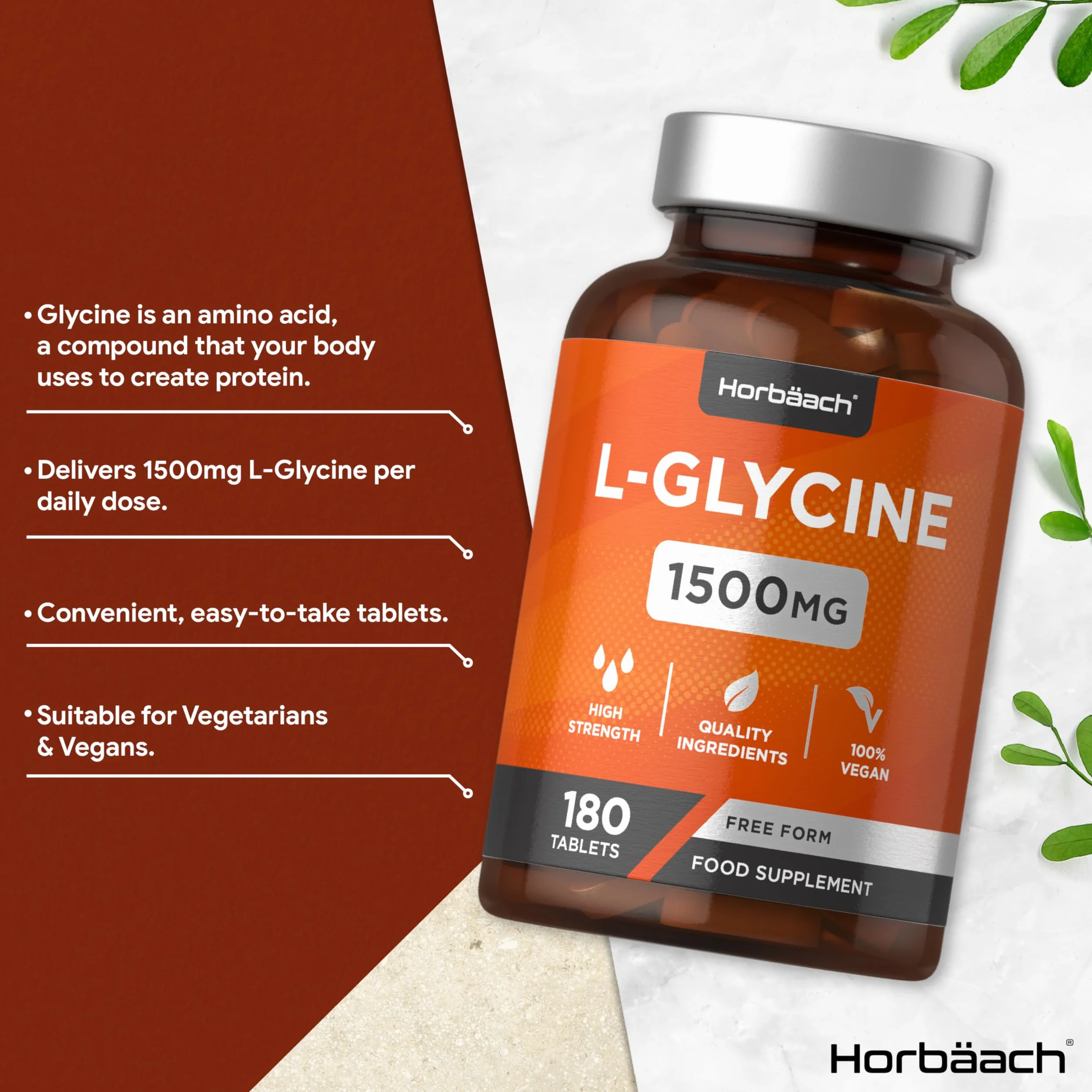 L-Glicyna 1500 mg | Wysokiej Mocy Aminokwas | 180 Tabletek | 100% Wegański Suplement Diety | marki Horbaach
