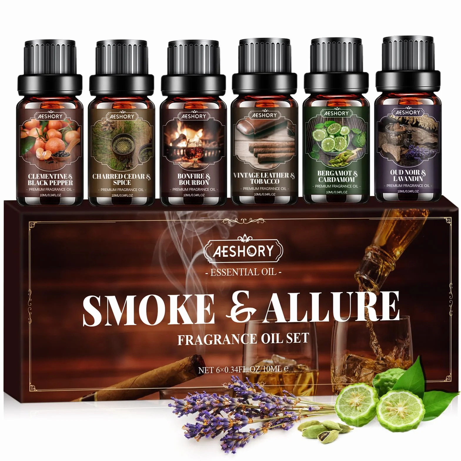 AESHORY 6 x 10ml Zestaw Olejków Eterycznych Dla Mężczyzn, Naturalny Olejek Do Dyfuzora Zapachowego, Olejki Zapachowe Do Nawilżaczy Powietrza, Wyrobu Świec I Perfum