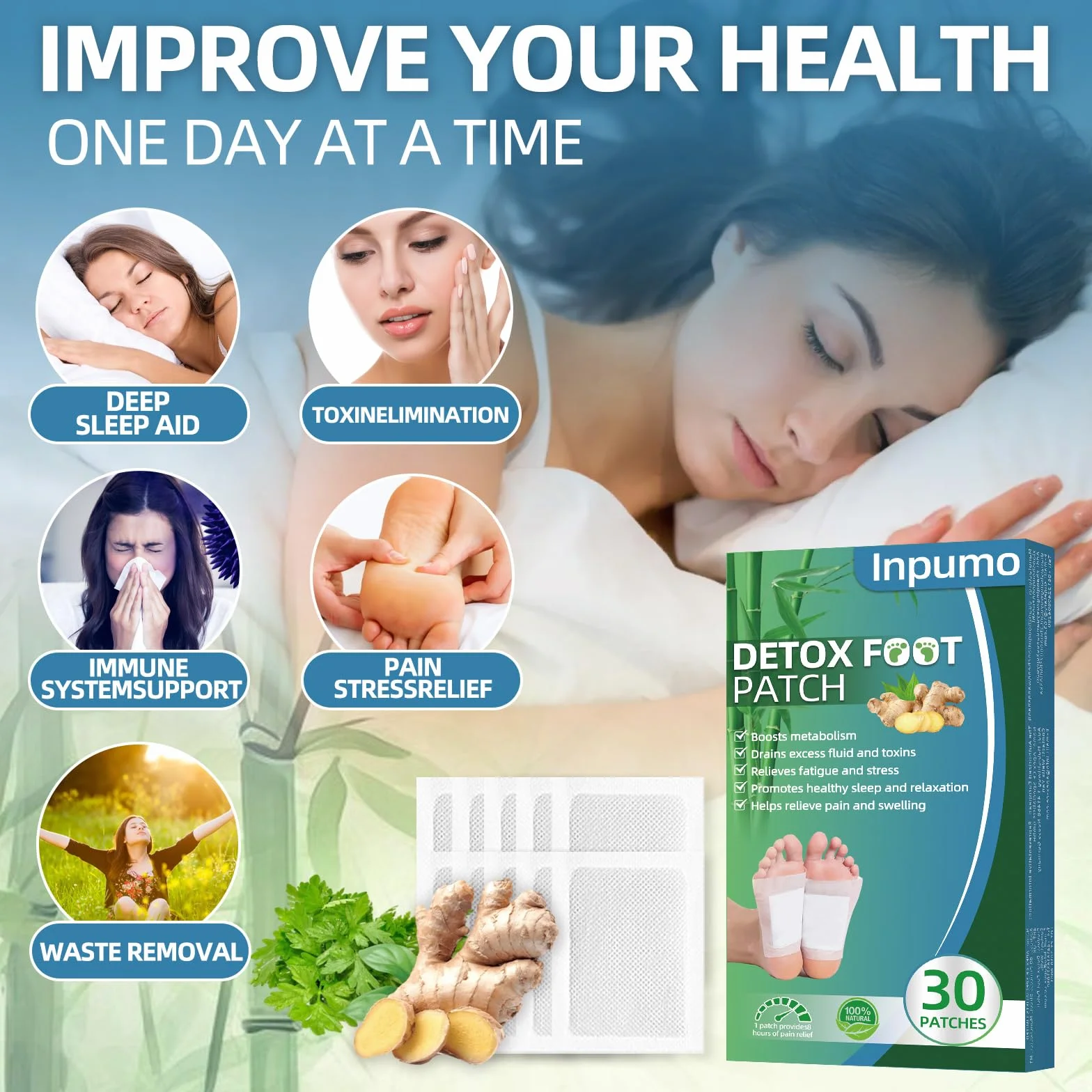 Inpumo Detox plastry do stóp, naturalne plastry detoksykujące, 30 sztuk