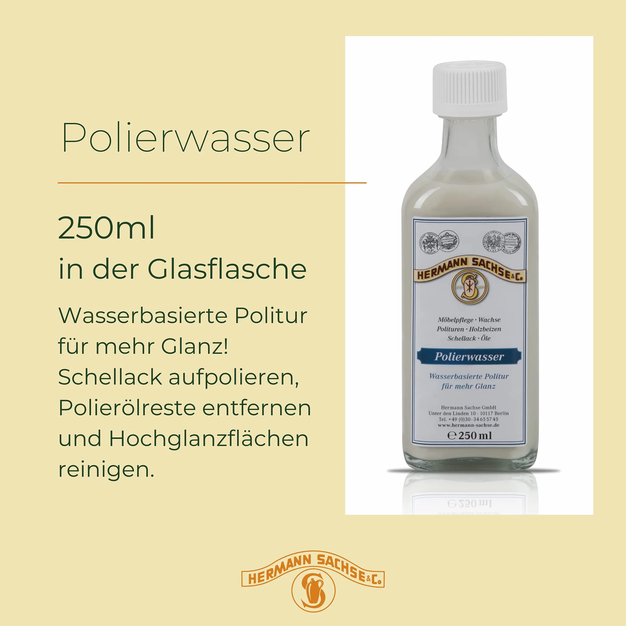Hermann Sachse Möbelpolitur Polierwasser 250ml Hochglanzpolitur Schellack elegant pflegen