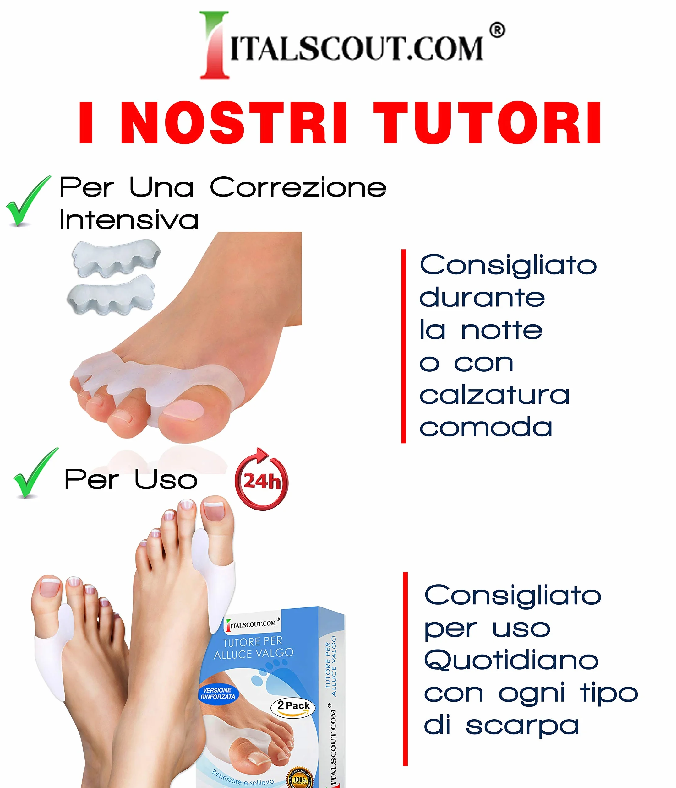 Italscout - Ochraniacz na palucha koślawego - ochrona dla mężczyzn i kobiet, separator i korektor z żelu silikonowego SEBS zapobieganie bólom kaletki, dystansowy prostuje palce, stopy młotek