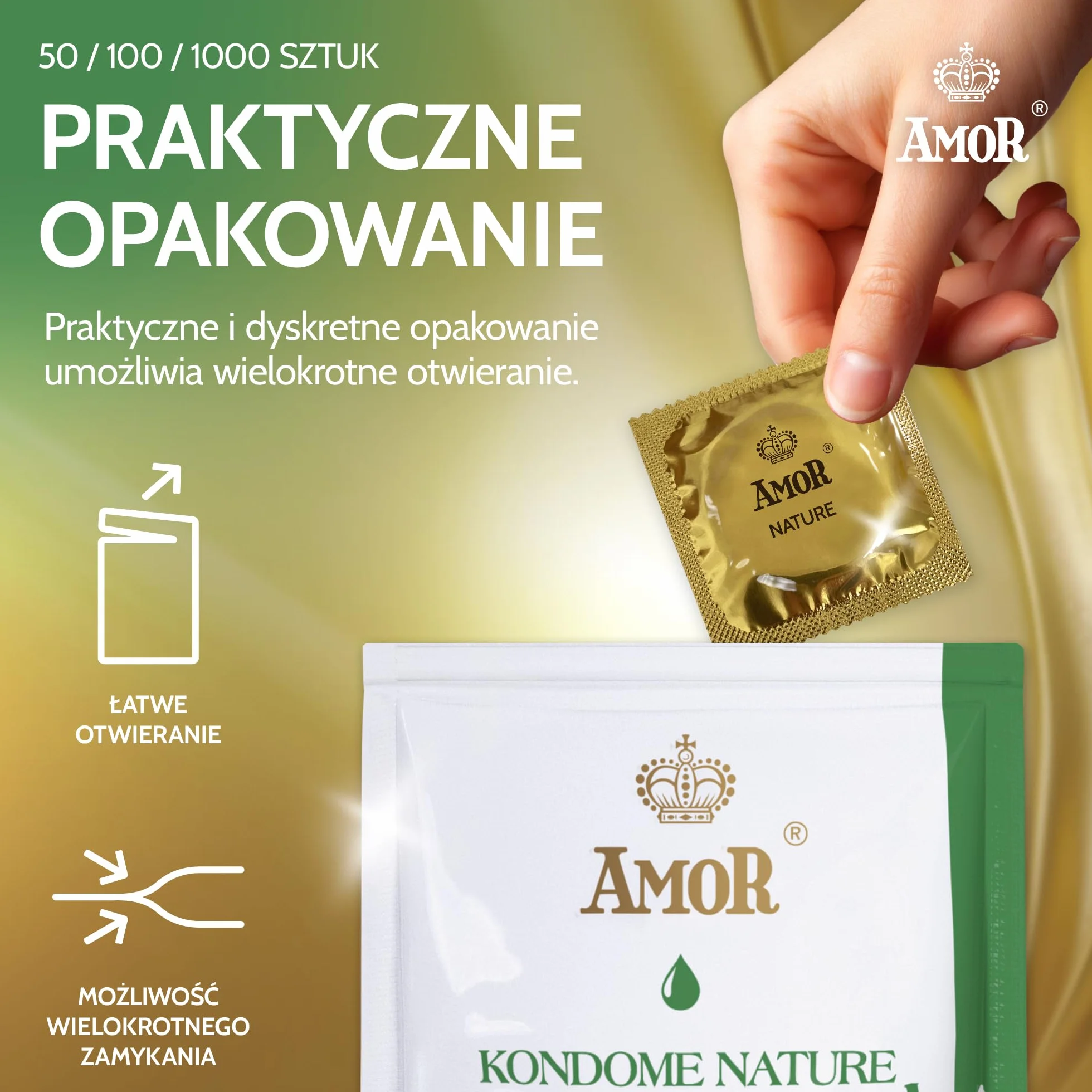 AMOR® Nature 53mm - opakowanie 100 prezerwatyw premium, autentyczne i wyjątkowo wilgotne