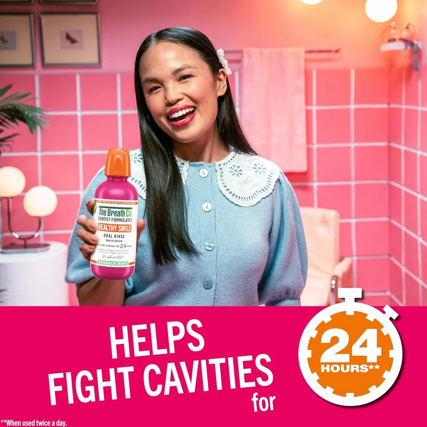 The Breath Co Zapobieganie próchnicy jamy ustnej na bazie fluoru, formuła opracowana przez dentystę, pomaga zwalczać próchnicę przez 24 godziny*, odświeża oddech, bez alkoholu, nie kłuje, 500ml