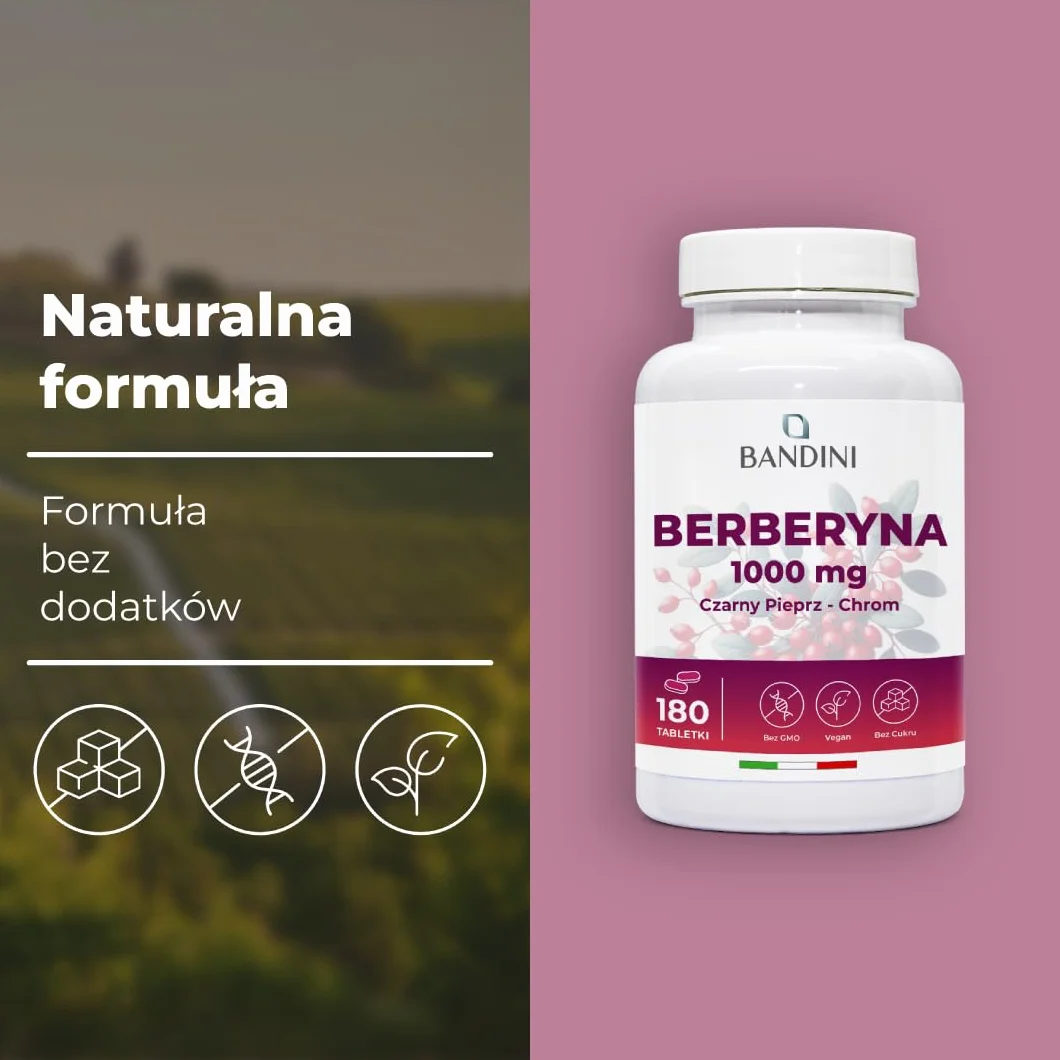 Bandini Berberine 1000mg 180 wegańskich tabletek Berberyna HCl Chrom Czarny Pieprz