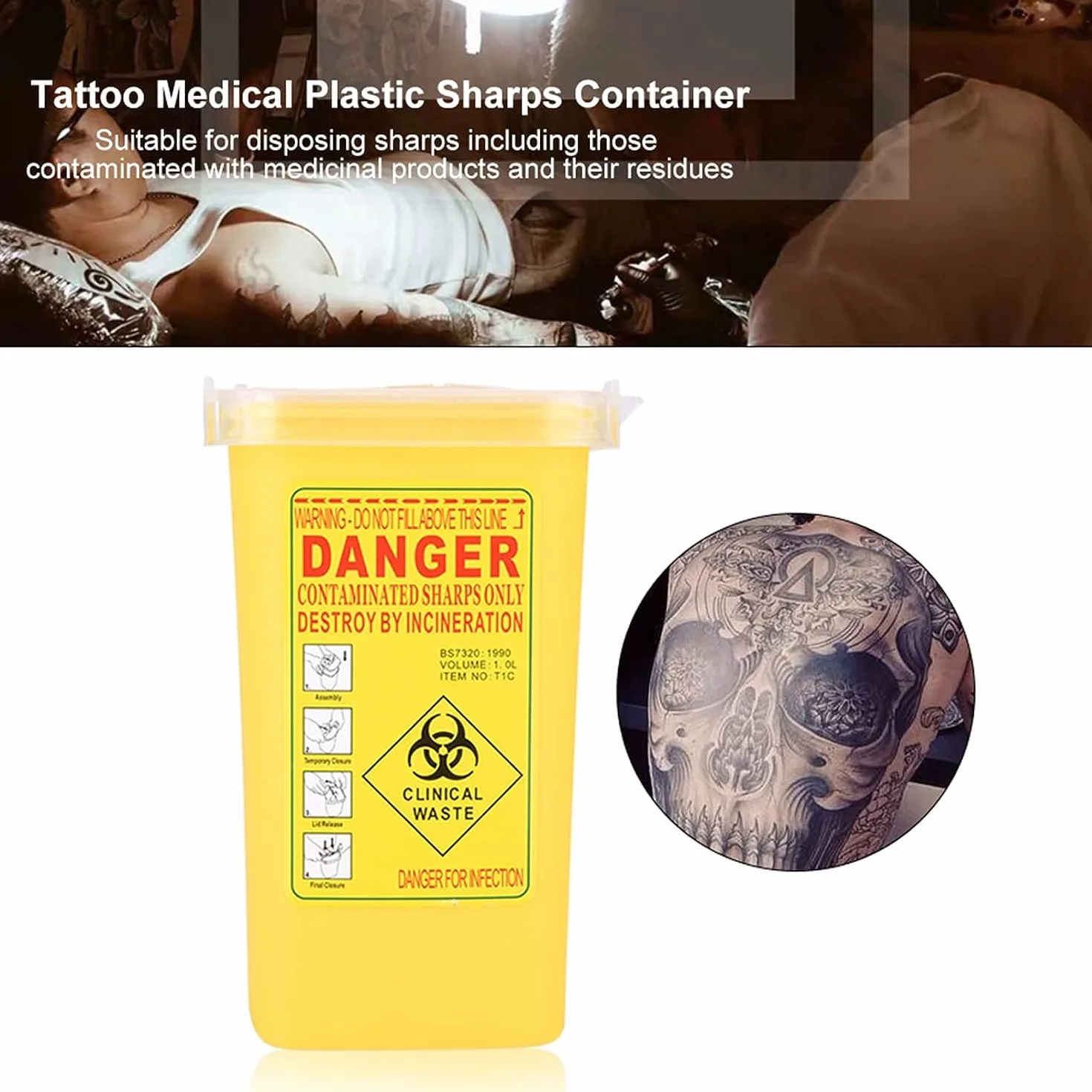 Pojemnik na igły tatuaż Medical Plastic Sharps pojemnik na odpady biologiczne utylizacja igieł 1 l rozmiar pojemnik na odpady tatuaż pojemnik na igły (żółty)