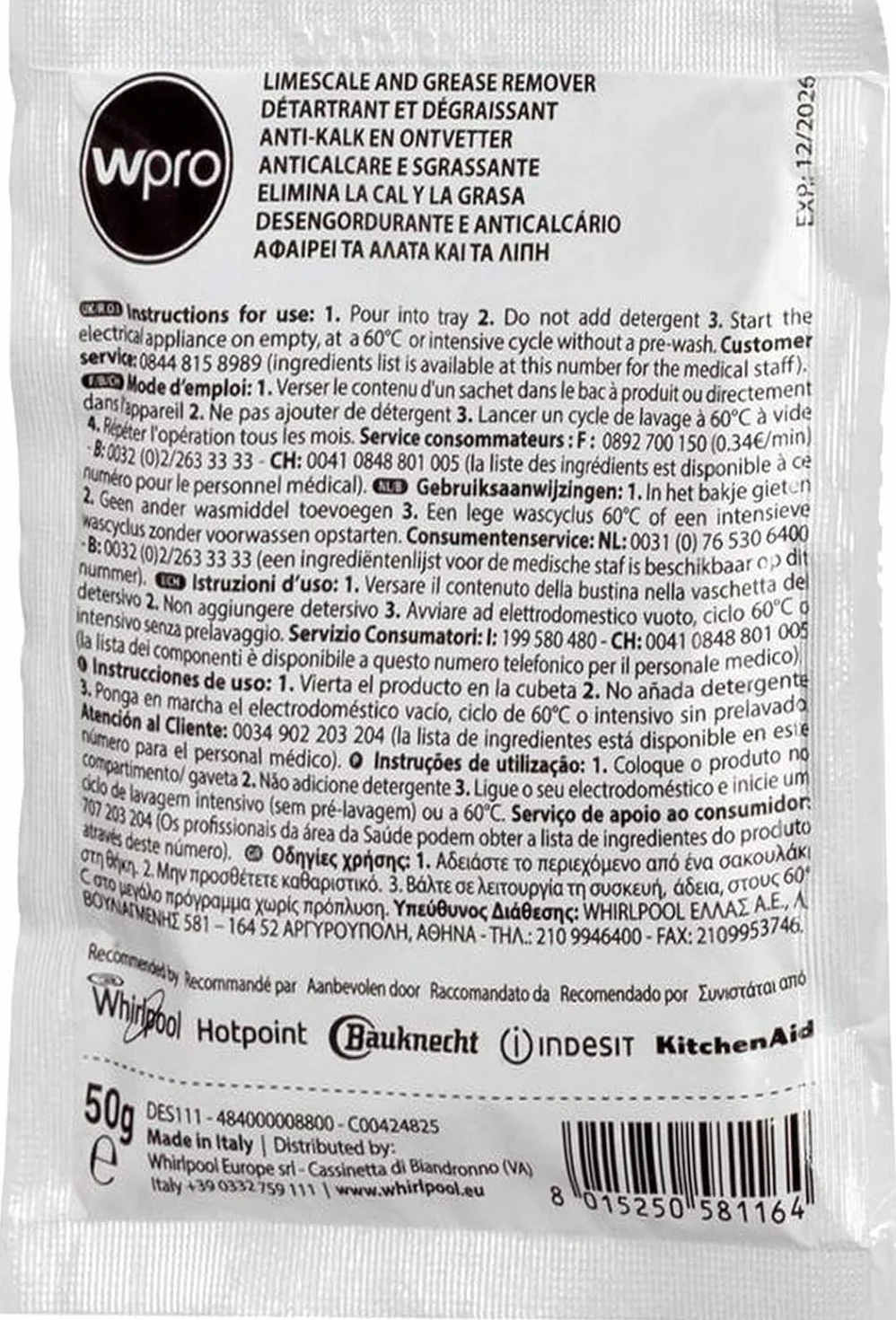 Wpro Uniwersalna pralka, zmywarka, odkamieniacz i środek do usuwania tłuszczu (48 x 50 g saszetek)