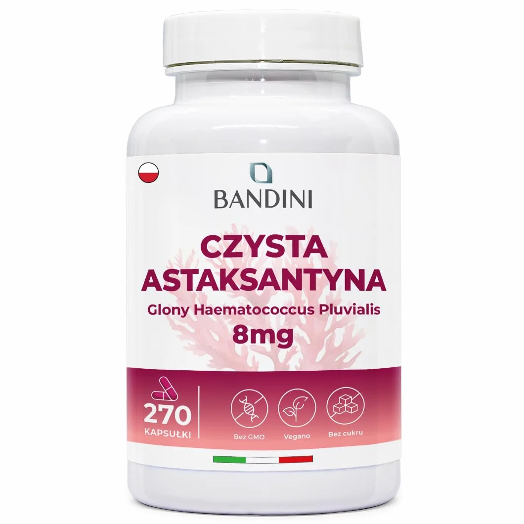 Bandini Czysta Astaksantyna 270 kapsułek 9-miesięczny zapas Naturalny przeciwutleniacz Astaxanthin 8 mg na kapsułkę Vegan bez GMO