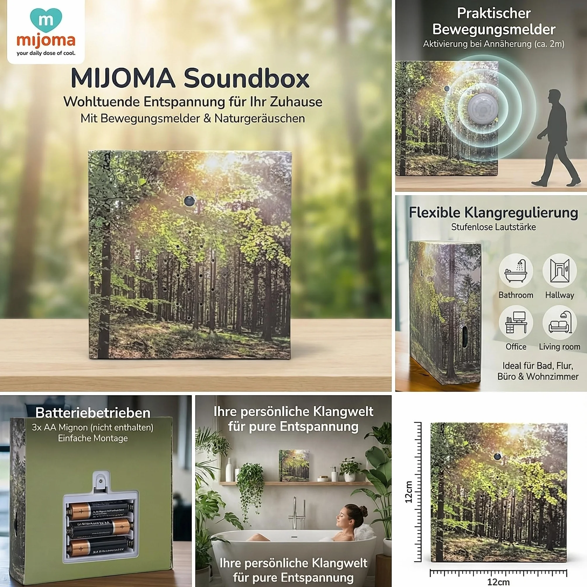 MIJOMA Soundbox z śpiewem ptaków i leśną scenerią – kojący relaks w Twoim domu | głośnik, czujnik ruchu i przełącznik wł./wył. | idealny do łazienki, korytarza, biura i salonu | 12 x 12 cm (las)
