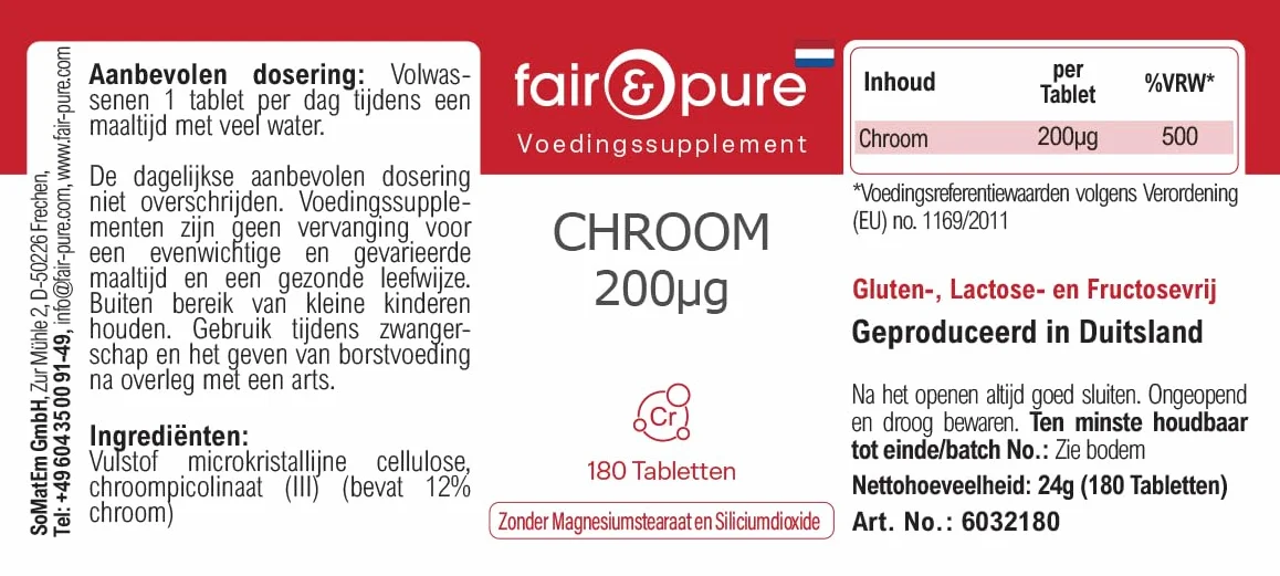 Tabletki chromu Fair & Pure 200 μg, 180 tabletek, wegański suplement diety bez dodatków, wyprodukowano w Niemczech
