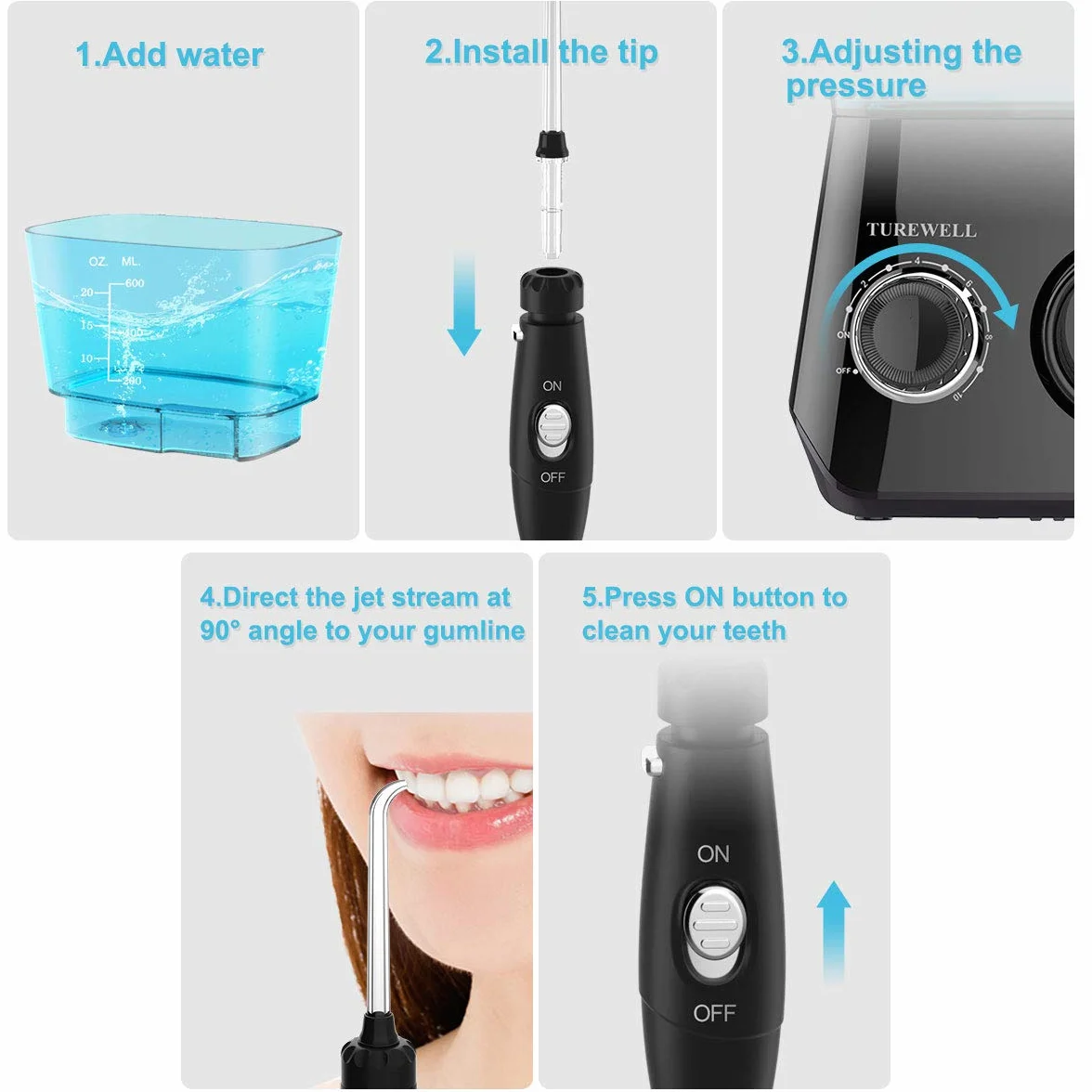 TUREWELL elektryczny irygator do jamy ustnej IPX7 600 ml 10 poziomów 8 dysz czarny