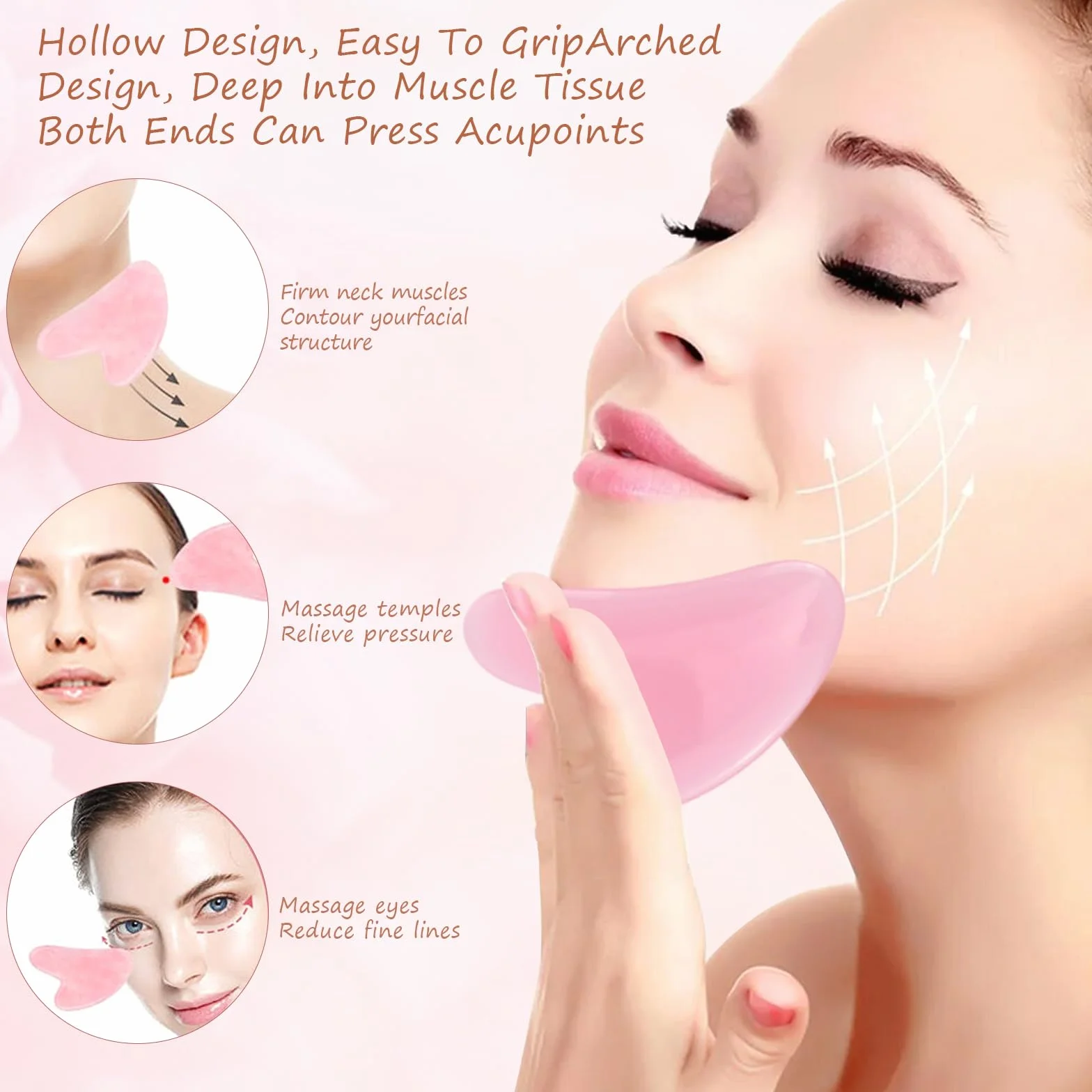 Gua Sha urządzenie do masażu z uchwytem, większe narzędzie do skrobania Guasha (plastik), Body Gua Sha, do masażu pleców, szyi, twarzy, nóg, drenażu limfatycznego, cellulitu, (3 sztuki, różowe)