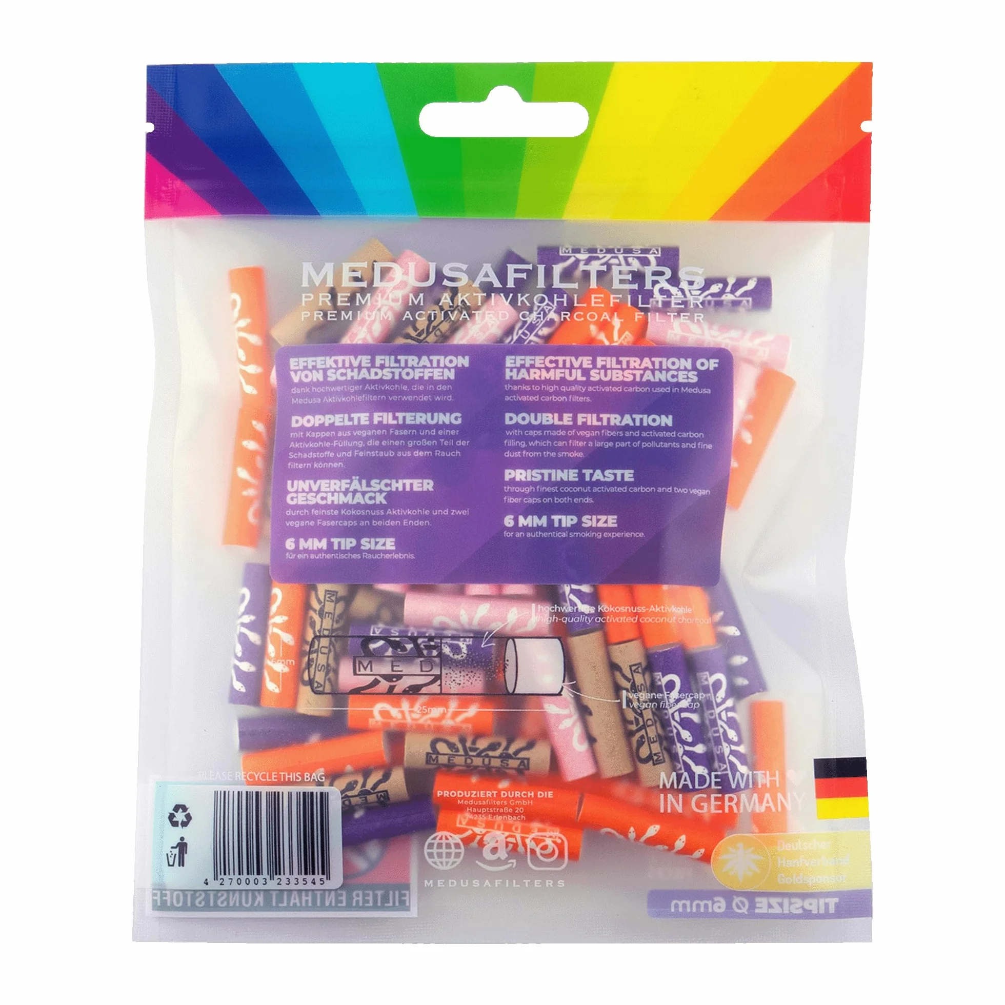 Medusafilters® 100 sztuk filtrów z węglem aktywnym o średnicy 6 mm z wegańskimi nasadkami z włókien i węglem aktywnym kokosowym | filtr o długości 25 mm Made in Germany (edycja mieszana)