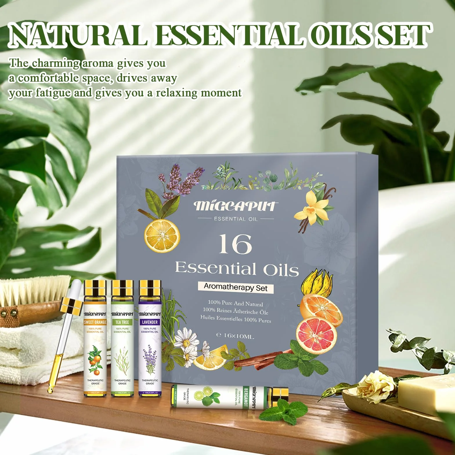 Zestaw Olejków Eterycznych 16 x 10ML, 100% Naturalne Olejki Zapachowe do Aromaterapii, Masażu, SPA - Lawenda, Mięta, Drzewo Herbaciane, Eukaliptus