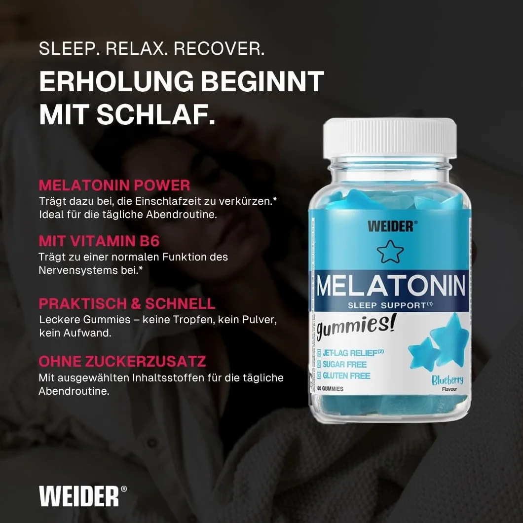Weider Melatonin Gummies 60 Żelek - Melatonina w Żelkach na Lepszy Sen, z Witaminą B6, bez Glutenu i Cukru, Smak Jagodowy
