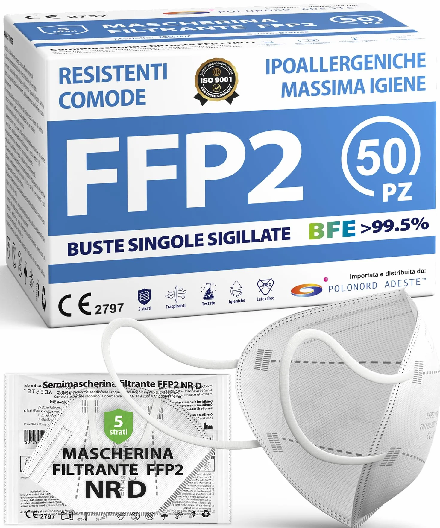 ADESTE 50 masek FFP2 NR D białe z certyfikatem CE, łańcuszek kontrolowany, wygodne, elastyczne, hipoalergiczne i regulowane. Bezpieczne: BFE moc filtrowania > 99,5%. Pojedyncze uszczelnione koperty