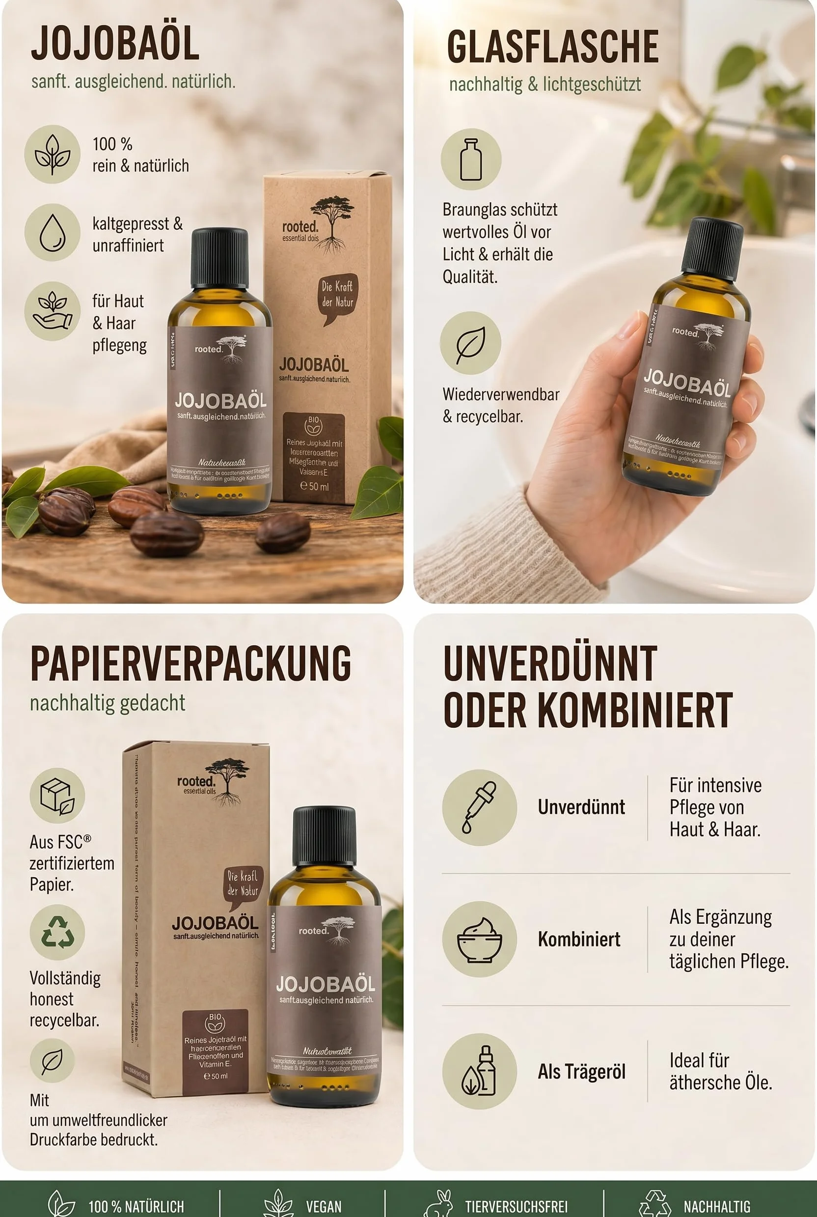 rooted.® Bio olejek jojoba 50 ml – 100% czysty, tłoczony na zimno olejek jojoba – olej nośny do olejków eterycznych – pielęgnacja skóry, twarzy, włosów, paznokci i brody – naturalny i bez dodatków