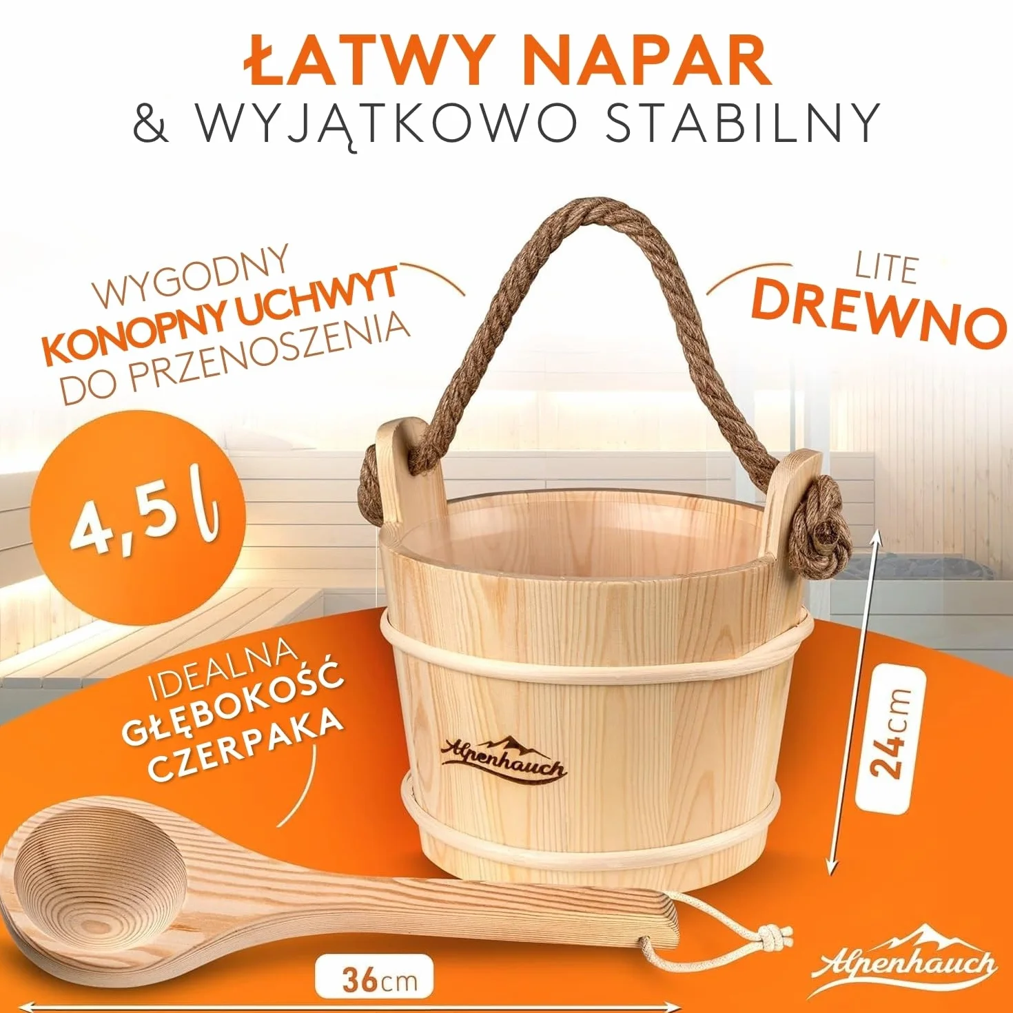 ALPENHAUCH Wiadro do sauny z chochlą [100% naturalne drewno] – eleganckie wiadro do sauny z klepsydrą i termometrem – trwałe akcesoria do sauny – zestaw wiader do nalewania z chochlą, klepsydrą i