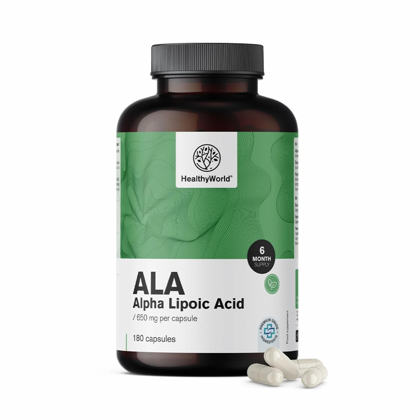 HealthyWorld ALA – Kwas Alfa-Liponowy – 650 mg w Dziennej Porcji – 180 Kapsułek Roślinnych – Zwiększenie Energii – 6-Miesięczny Zapas – Świetna Przyswajalność