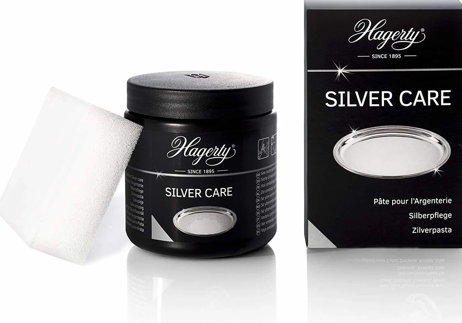 Hagerty Silver Care pasta do polerowania srebra, 185 g, wydajna pasta polerska do czyszczenia i pielęgnacji srebra i posrebrzanego metalu, środek czyszczący do srebrnych wyrobów z srebra, talerzy, tac, w zestawie gąbka