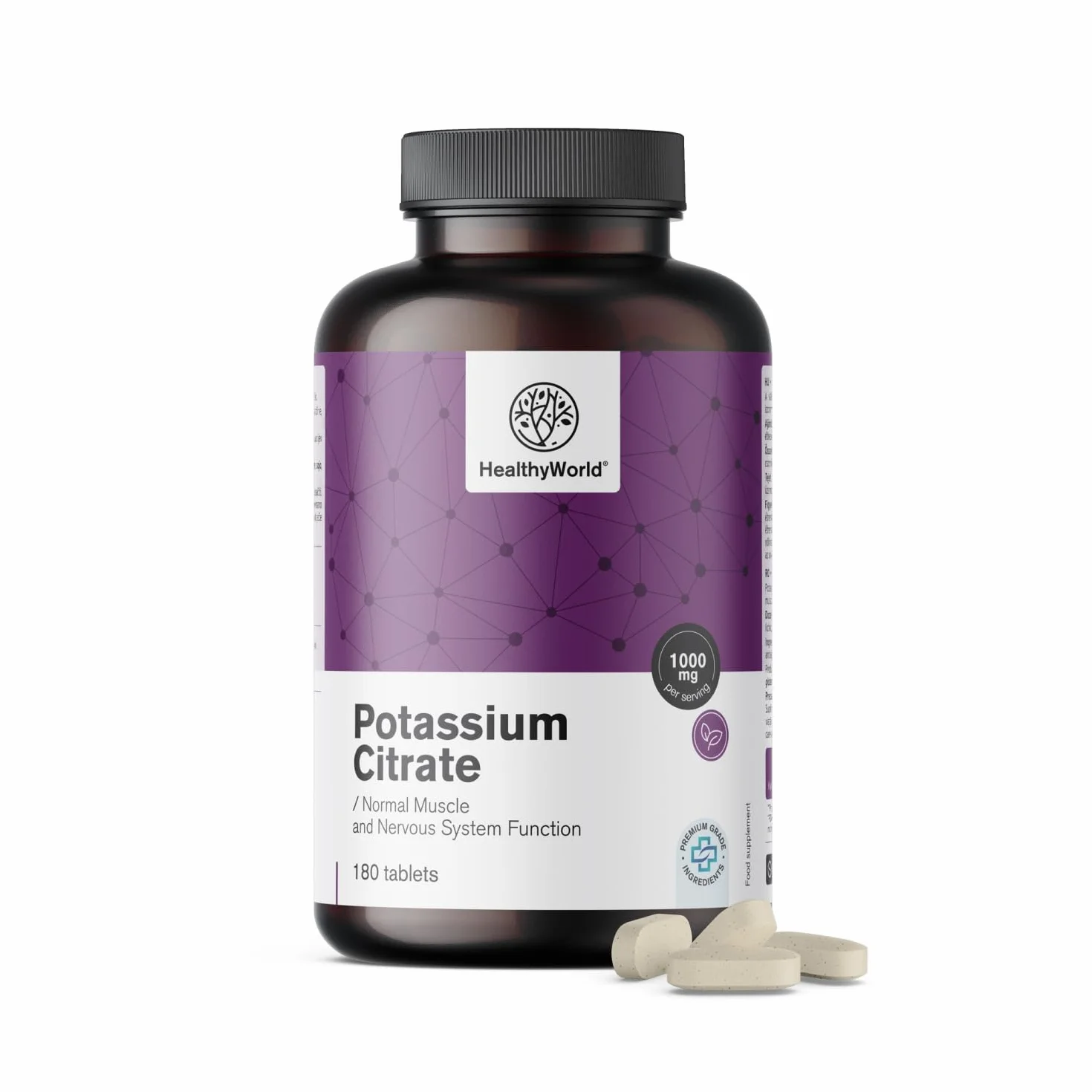 HealthyWorld Cytrynian potasu 1000 mg 180 tabletek – Wsparcie dla mięśni, układu nerwowego i ciśnienia krwi
