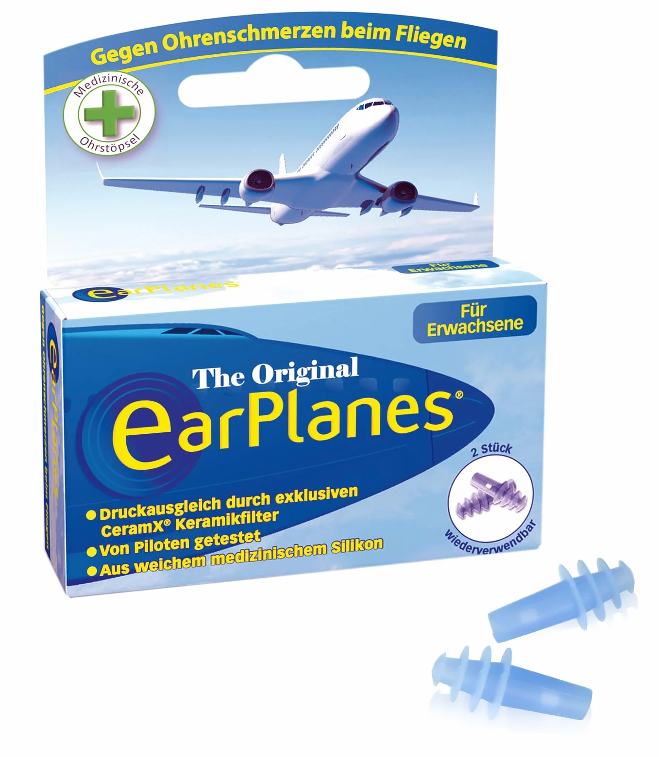 Cirrus Earplanes Adult – Silikonowe zatyczki do uszu, wyrównanie ciśnienia podczas lotu, 2 sztuki