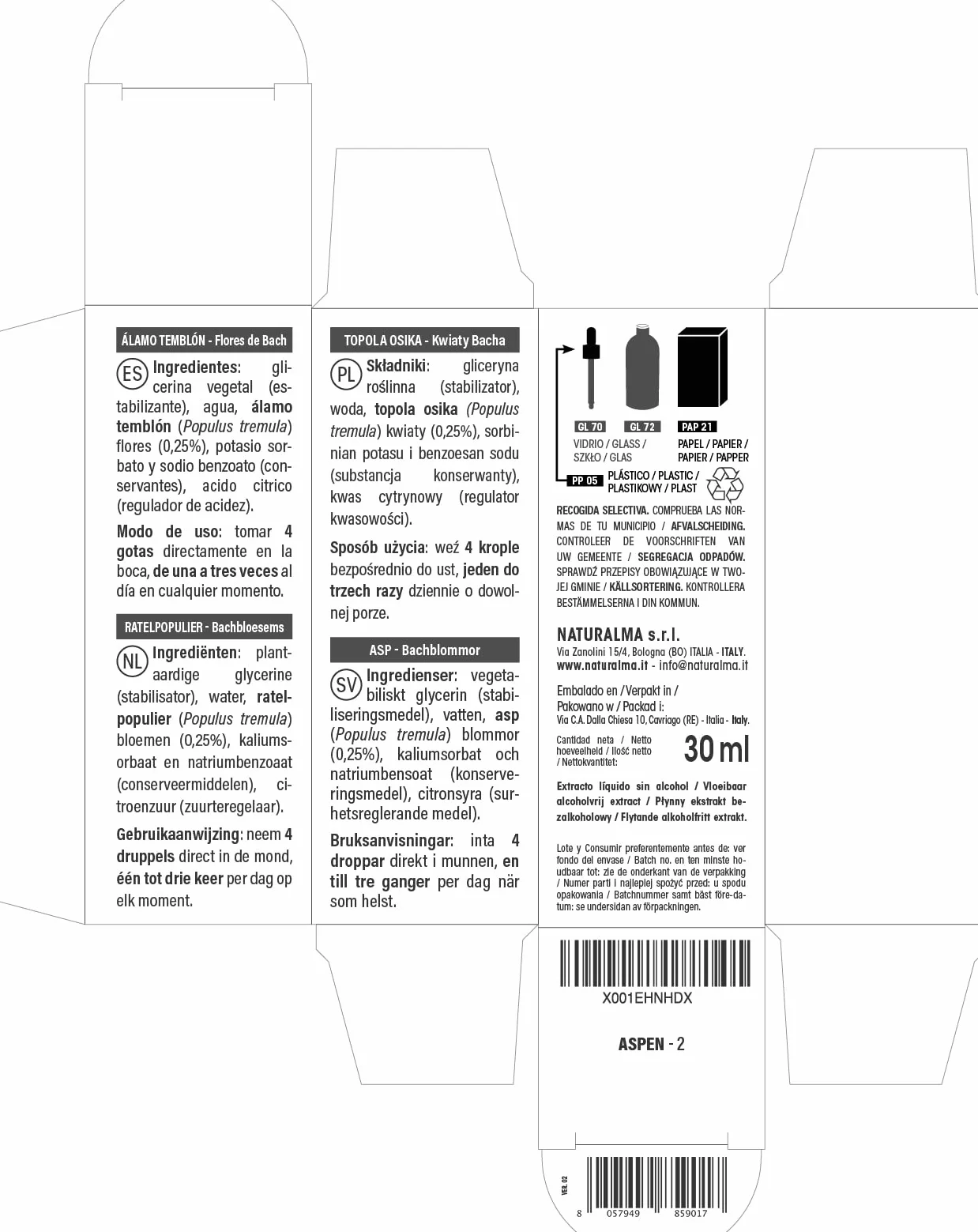 Aspen Topola osika Kwiaty Bacha Naturalma Krople 30 ml Płynny ekstrakt bezalkoholowy Esencje kwiatowe Wegański