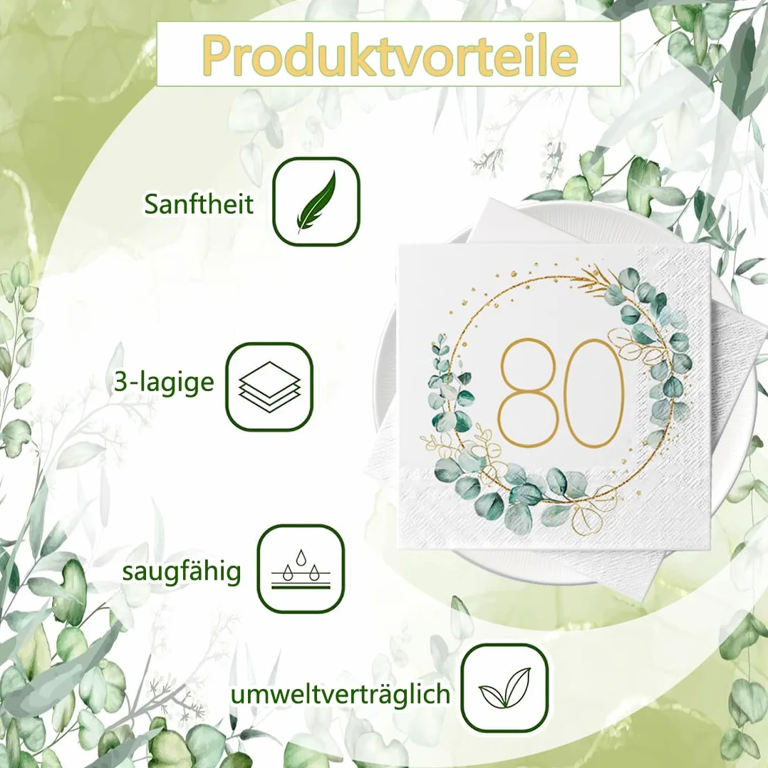 Serwetki dekoracyjne 80. urodziny 40 sztuk eukaliptus złote zielone papierowe