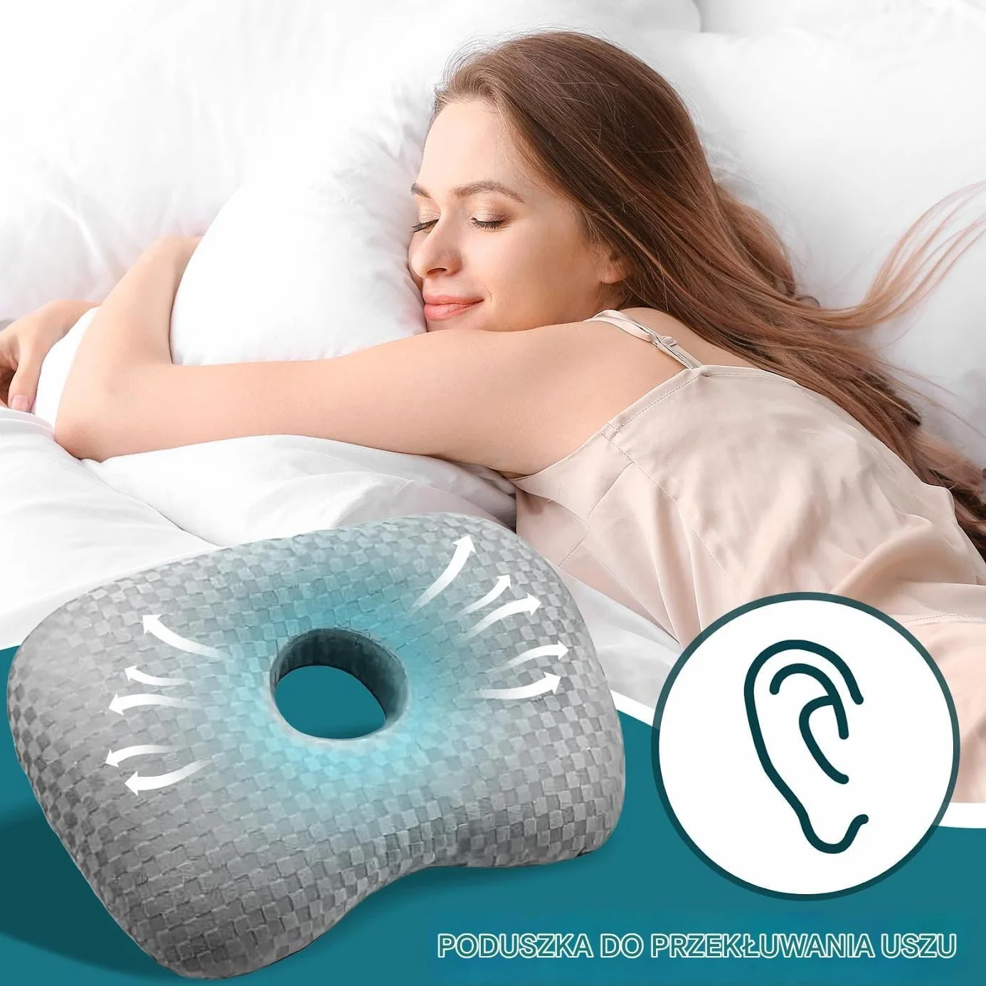 Ergonomic Donut Pillow with Ear Holes 17.32x12.6x0.79in Gray for Travel Office Car