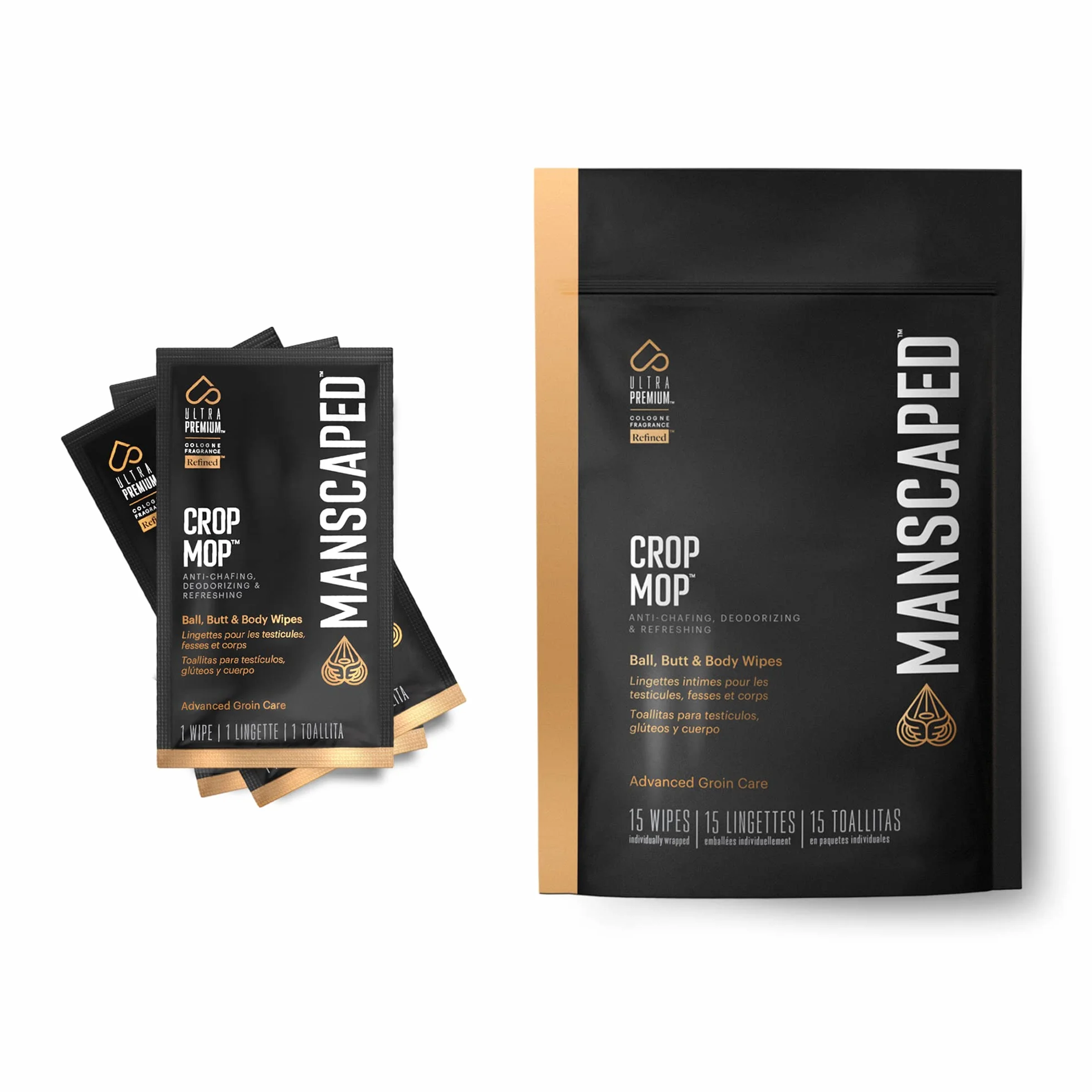 MANSCAPED® Crop Mop® On-The-Go Indywidualnie pakowane chusteczki w kulkach, chusteczki czyszczące zapobiegające otarciom do męskiej okolicy pachwiny z odświeżającym i chłodzącym aloesem, 15 szt.