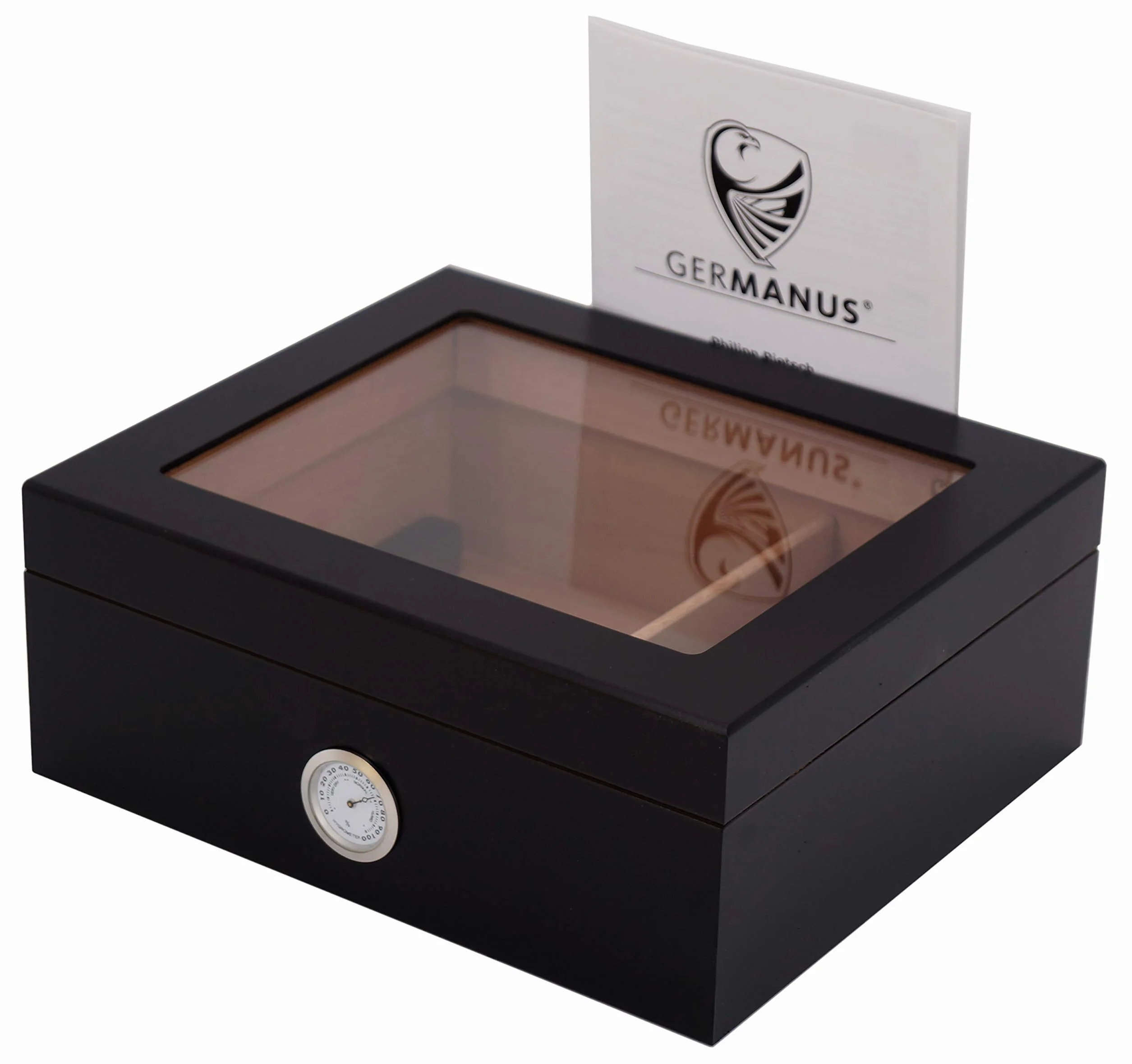 GERMANUS Humidor, Black Beauty, z prawdziwym szklanym blatem, czarny