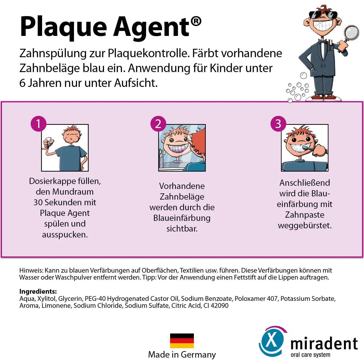 miradent Plaque Agent® roztwór do mycia zębów 500 ml | do kontroli płytki nazębnej dla dzieci | o przyjemnym smaku "Bubble Gum" | gotowy do użycia wraz z nasadką dozującą | bez erytrozyny | bez alkoholu