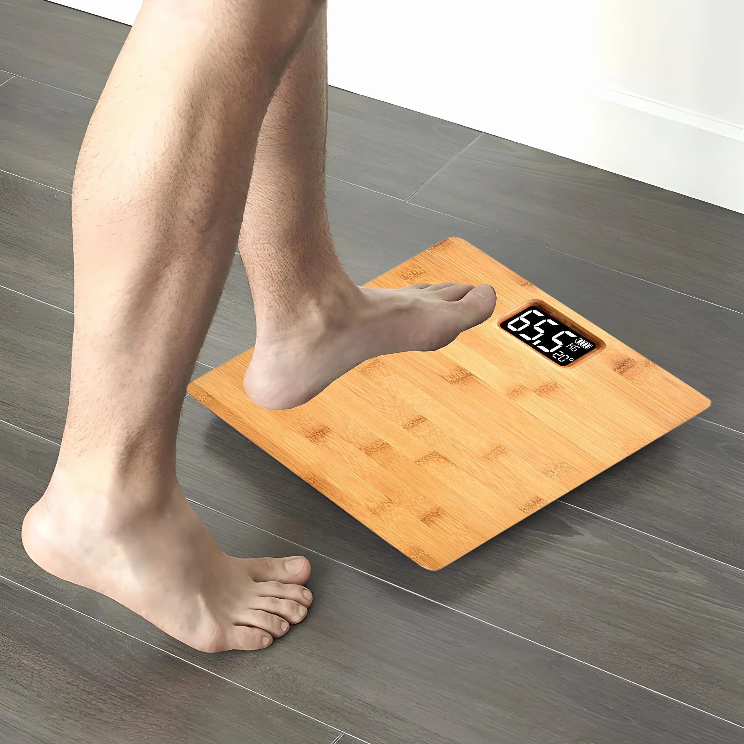 Retoo Cyfrowa Waga Bambusowa z Wyświetlaczem LCD, Cyfrowa Drewniana do 180 kg, Elektroniczna Łazienkowa, Zasilanie Bateryjne, 30 x 30 cm