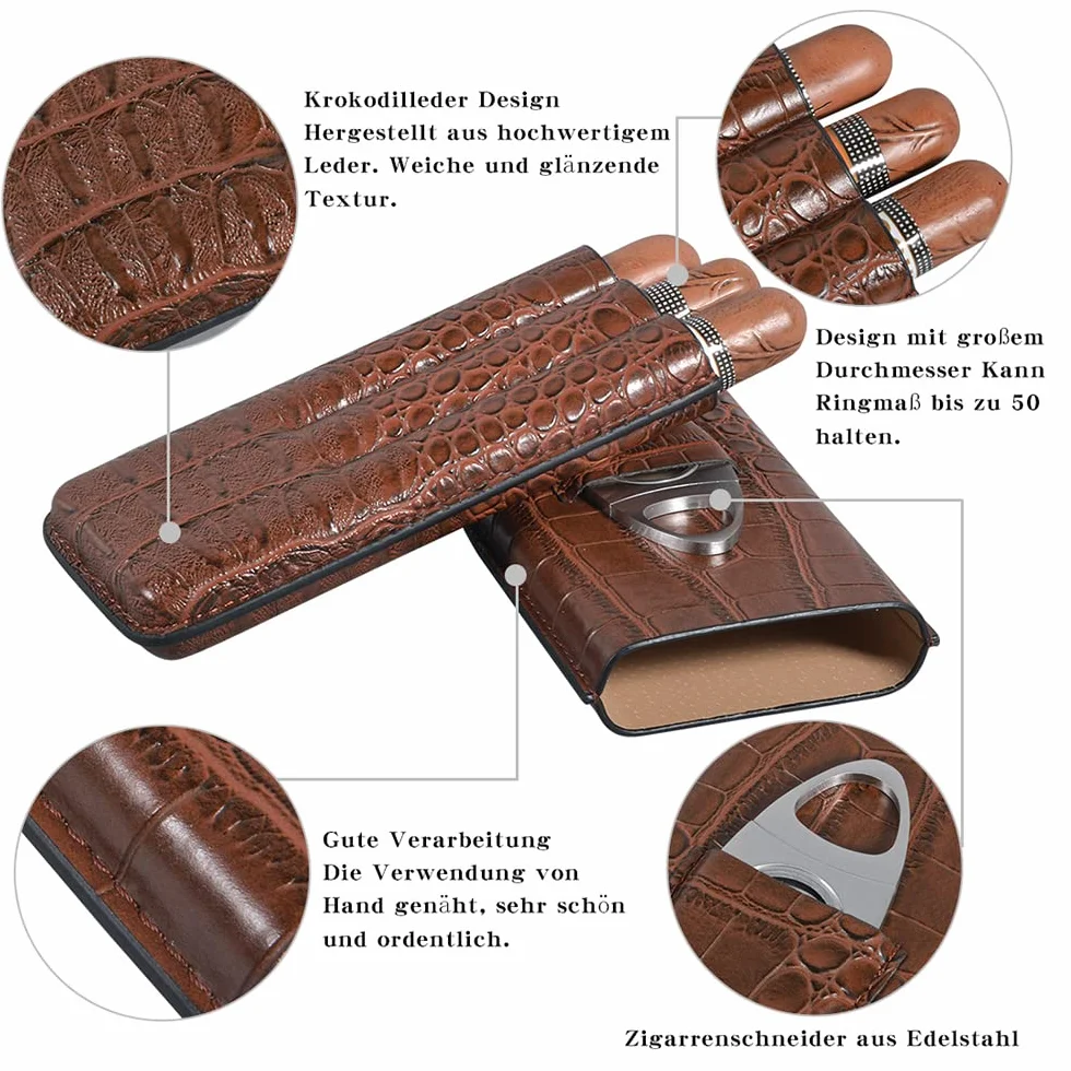 Etui na cygara ze skóry krokodyli, przenośny humidor z krajalnicą, 3 tubki, brązowy