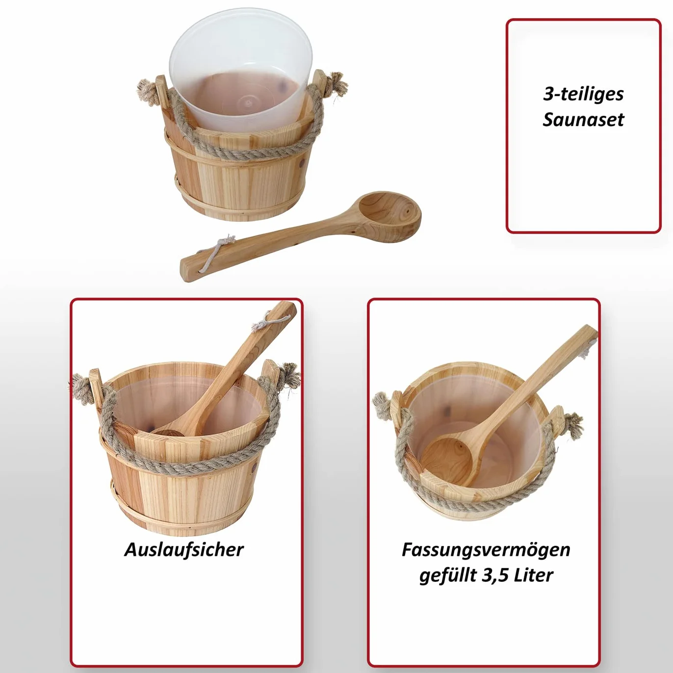 Mendler Donica do sauny z wkładką HWC-B26AM, akcesoria do sauny, wiadro do sauny, łyżka do zaparzania, drewno sosnowe 3,5 l – ciemnobrązowa