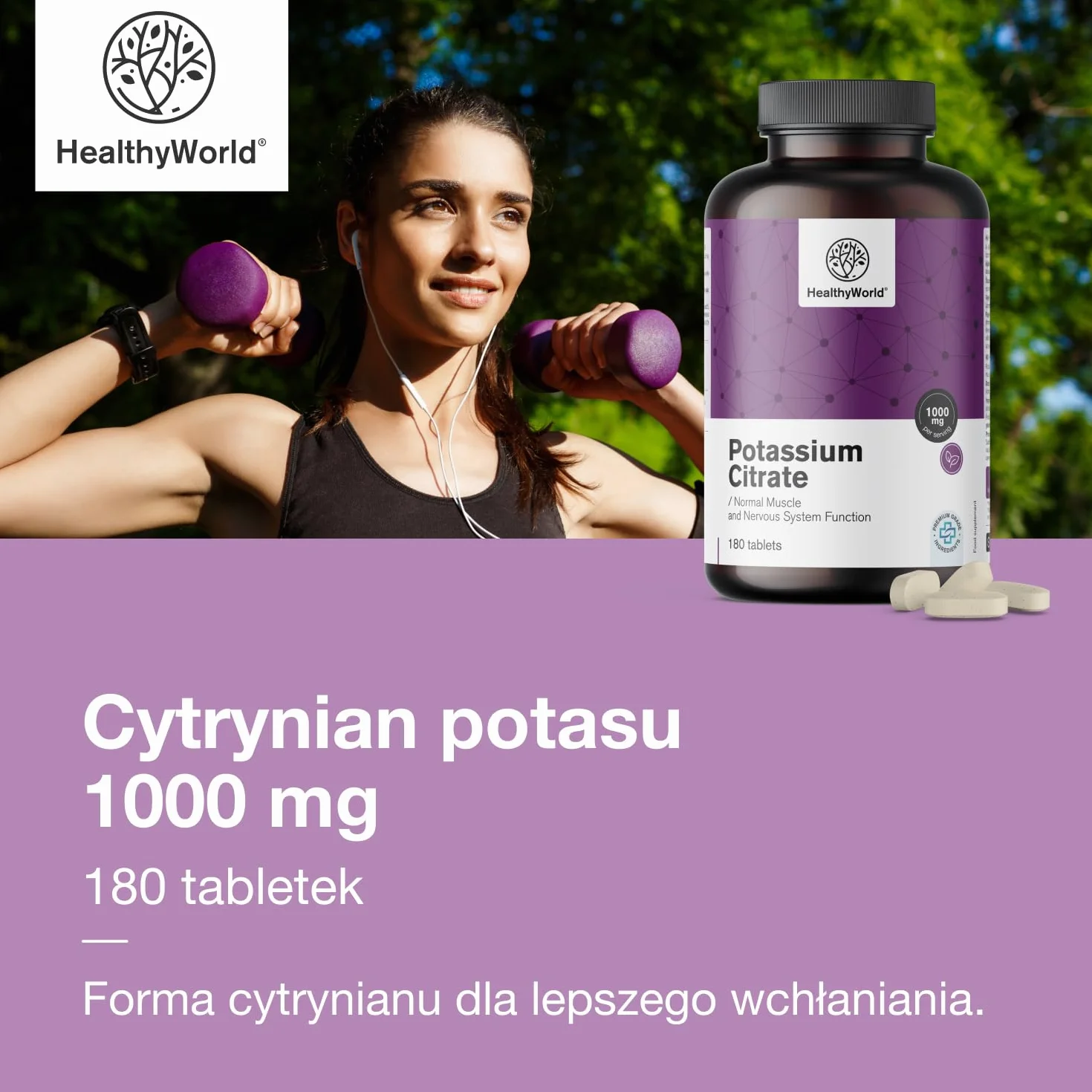 HealthyWorld Cytrynian potasu 1000 mg 180 tabletek – Wsparcie dla mięśni, układu nerwowego i ciśnienia krwi