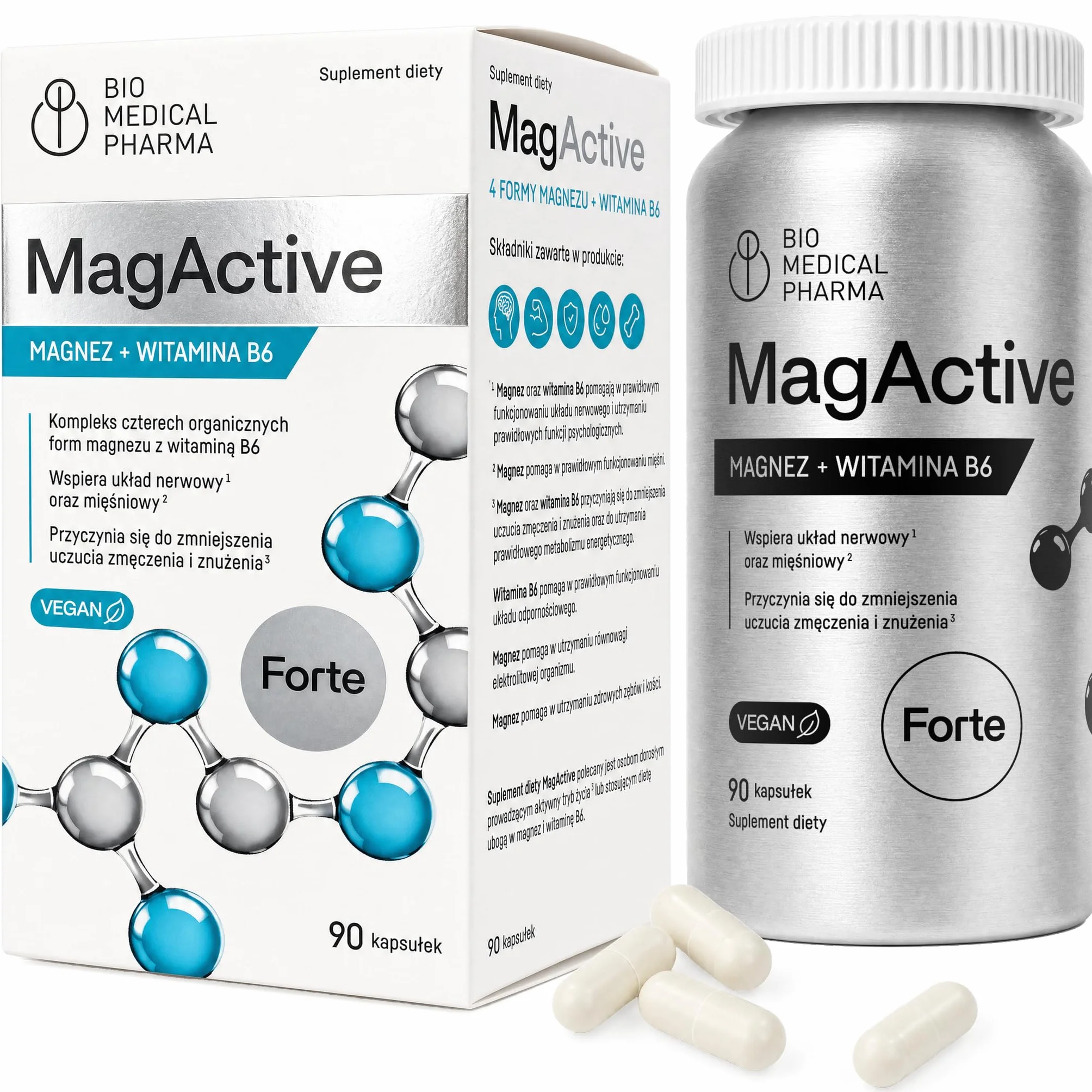 Magnez B6 – 4 Formy Organiczne: Taurynian, Cytrynian, Jabłczan, Mleczan – Przyczynia się do Prawidłowej Czynności Mięśni i Zmniejszenia Zmęczenia – Wegański, Bez Tlenku (90 Kapsułek)