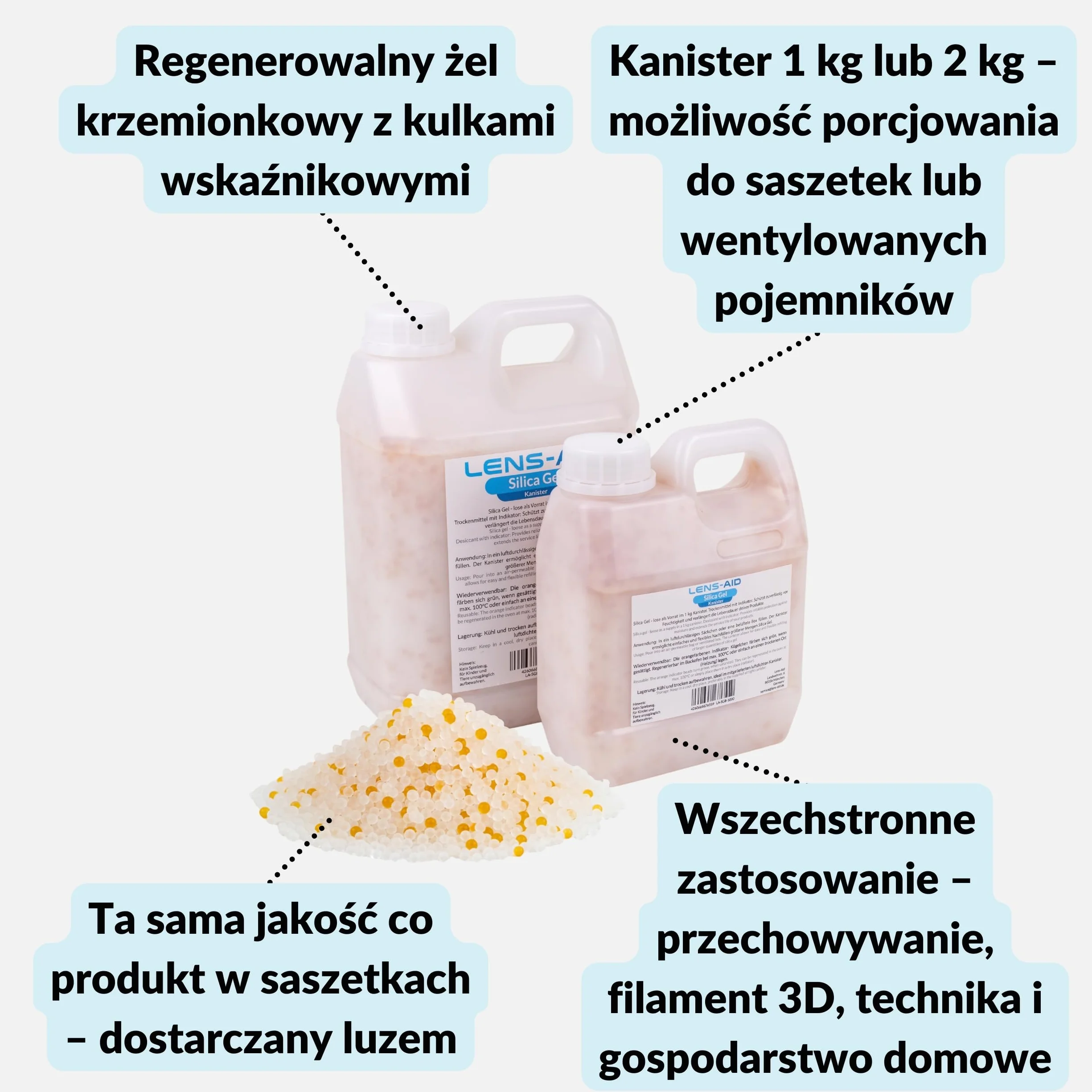 Lens-Aid Żel Krzemionkowy 1 kg – Pochłaniacz Wilgoci | Regenerowalne kulki silica gel w pojemniku, z pomarańczowo-zielonym wskaźnikiem do filamentu 3D, elektroniki i szafek