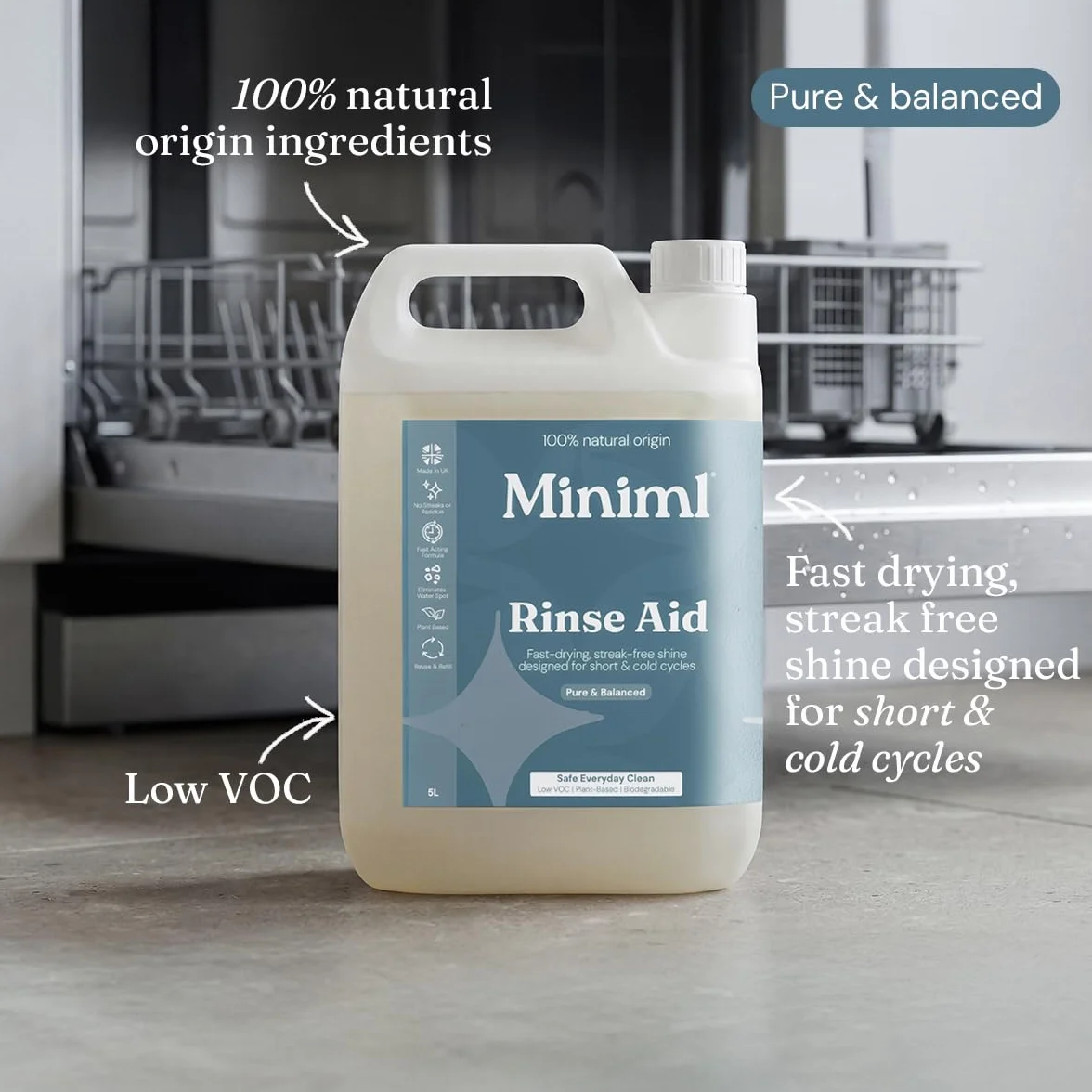 Miniml Płyn do Płukania 5L Refill, Całkowicie Naturalny Środek do Mycia Zmywarek do Mycia Naczyń do Bezsmugowego Mycia Szkła i Naczyń, 5L Wkład Wegański