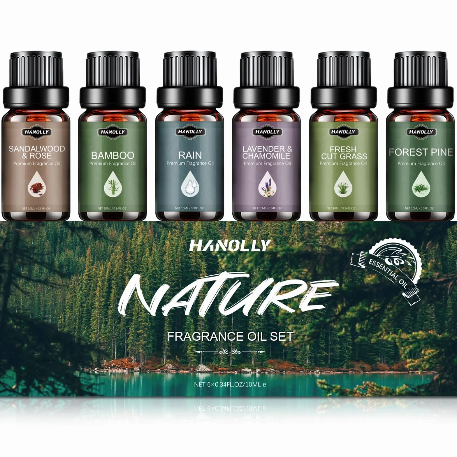 Hanolly 6 x 10 ml Zestaw Naturalnych Olejków Eterycznych Do Dyfuzorów I Wyrobu Świec – Drzewo Sandałowe I Róża, Bambus, Deszcz, Lawenda I Rumianek, Świeżo Skoszona Trawa, Sosna Zwyczajna