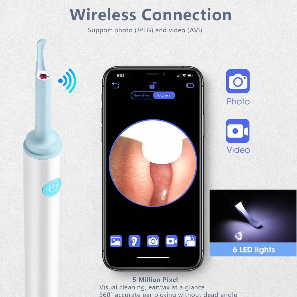 LANMOU otoskop usuwacz woskowiny usznej z kamerą 1080P HD, 6 diod LED, IP67 wodoodporny dla iPhone