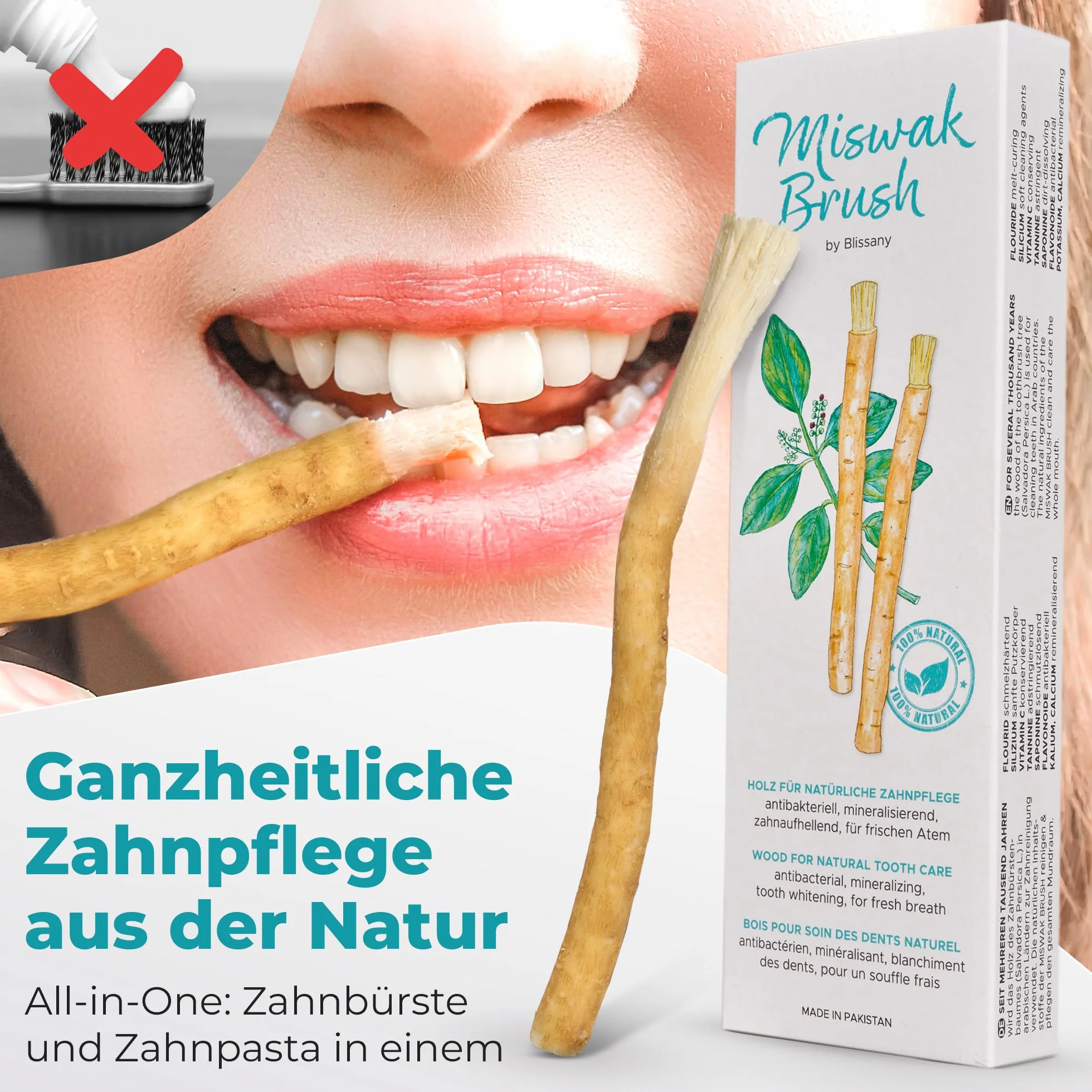 Miswak Szczoteczka do zębów firmy Blissany - Siwak SWAK, tradycyjna arabska szczoteczka do zębów, drewniana szczoteczka do zębów, do naturalnych białych zębów, 5 szt