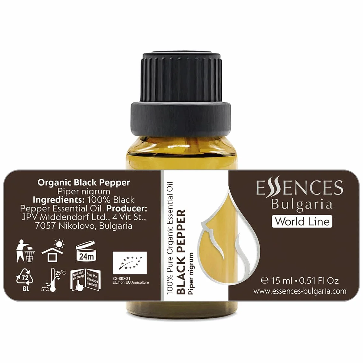 Essences Bułgaria Organiczny Olejek Eteryczny z Czarnego Pieprzu 15 ml | Piper nigrum | 100% Czysty i Naturalny | Nierozcieńczony | Klasa Terapeutyczna| Aromaterapia | Kosmetyki | Bez okrucieństwa