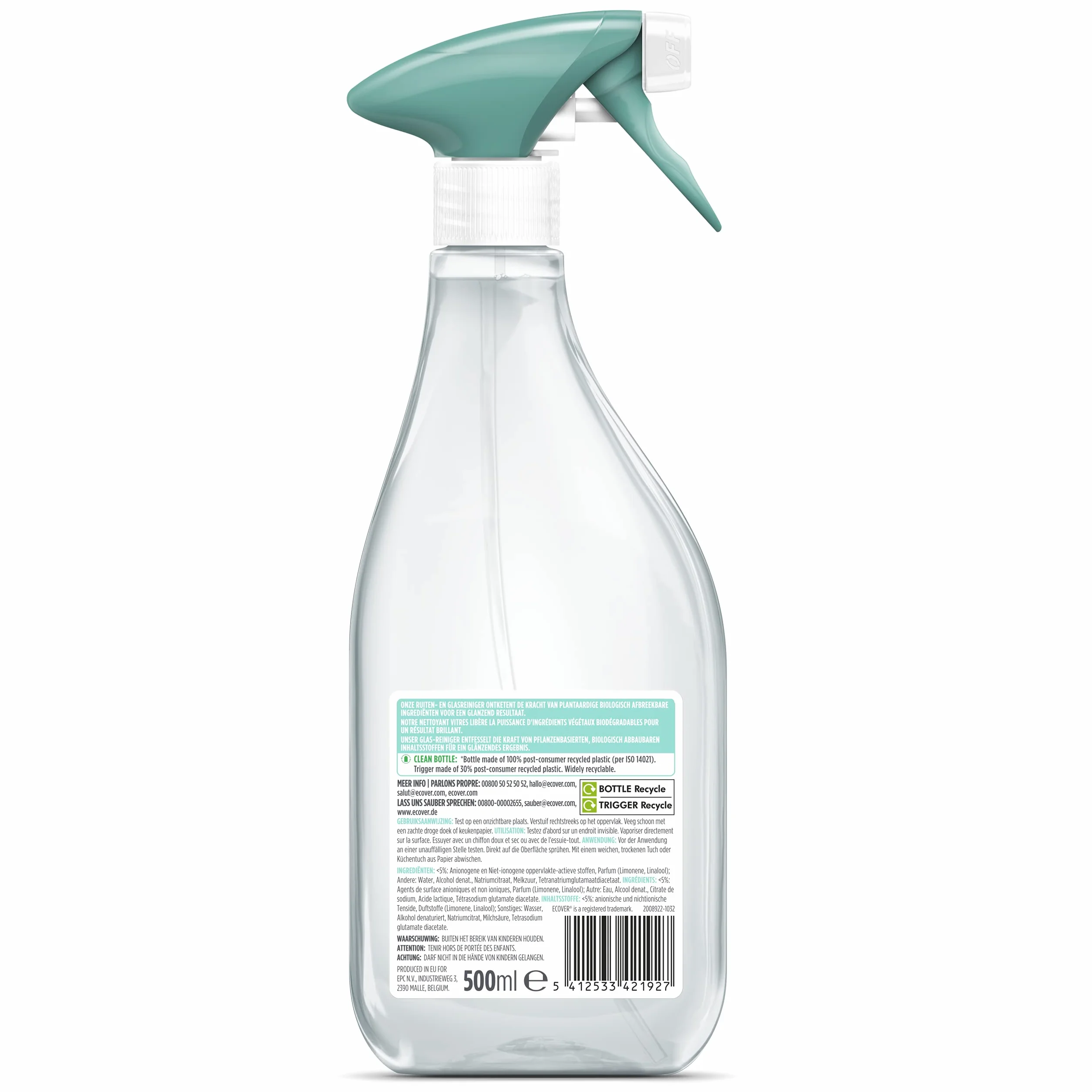 Ecover Spray do czyszczenia szkła bez smug, zapach zielonej herbaty i grejpfruta, 6 x 500 ml