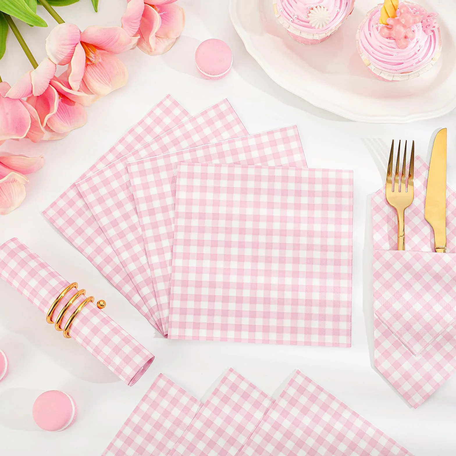 Różowe papierowe serwetki w kratkę 16,5 cm 2-warstwowe jednorazowe na wesela baby shower